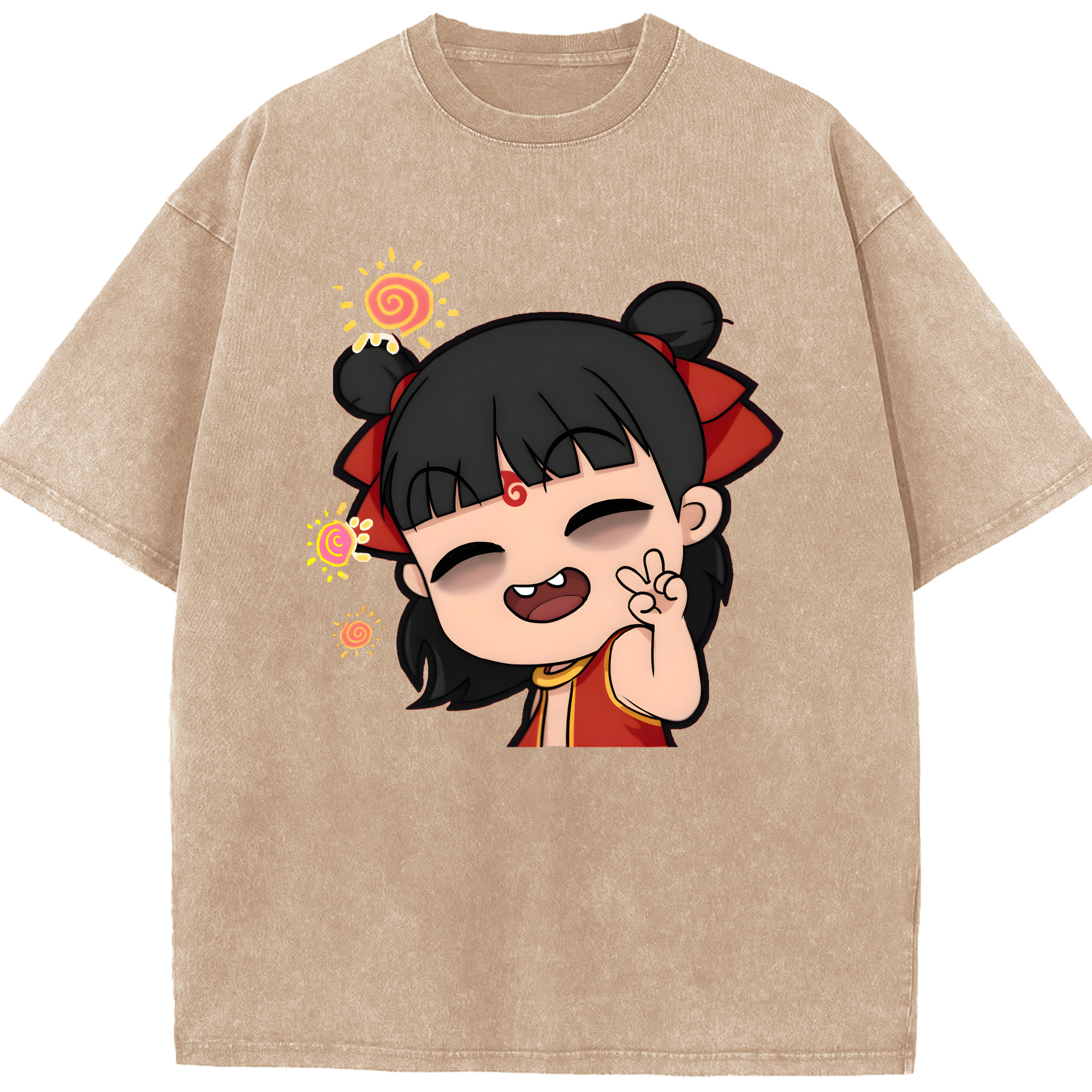 （画像用） Ne Zha 2 ナタ 魔童の大暴れ 綿100% ヴィンテージ風 半袖Tシャツ（フロントプリント）