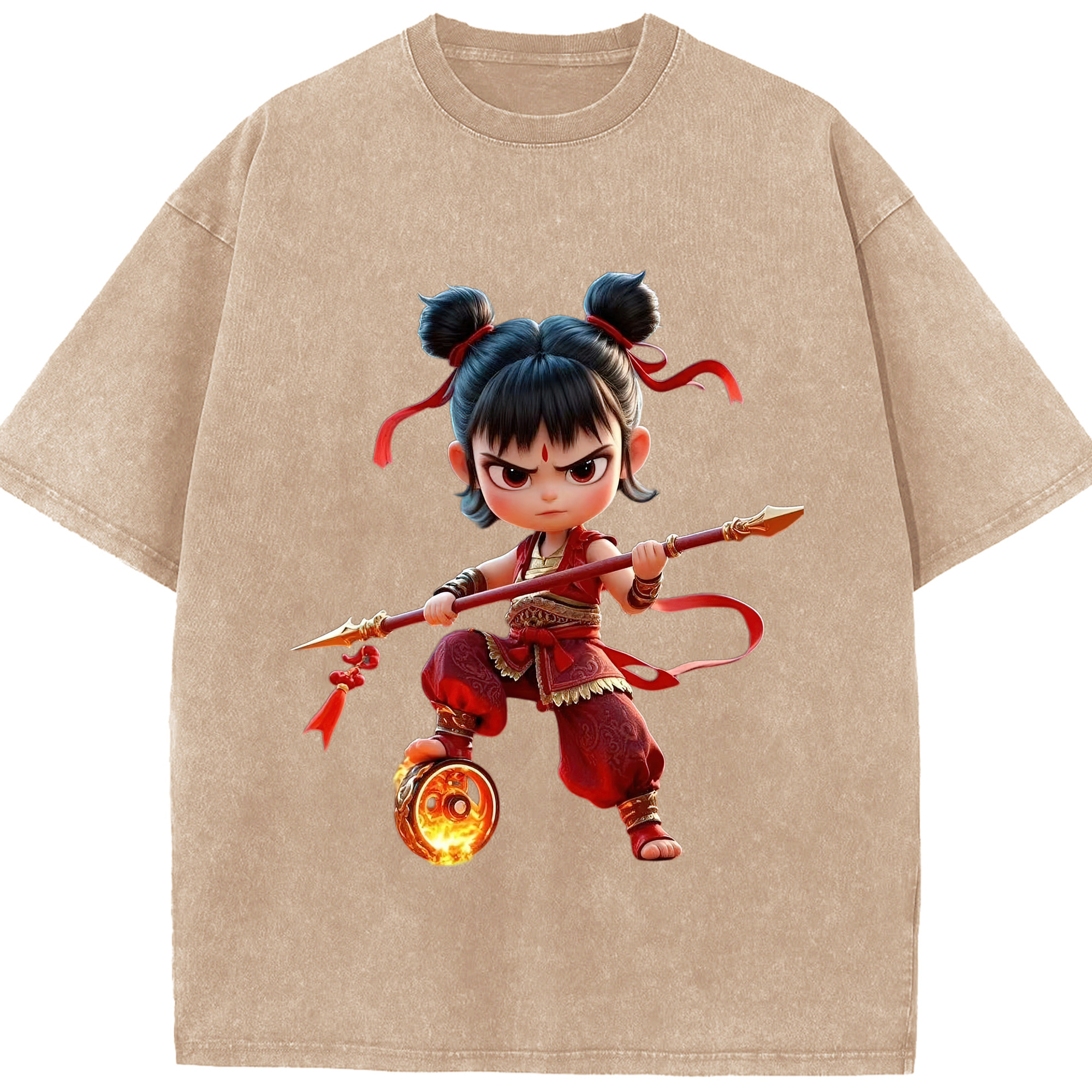 （画像用） Ne Zha 2 ナタ 魔童の大暴れ 綿100% ヴィンテージ風 半袖Tシャツ（フロントプリント）