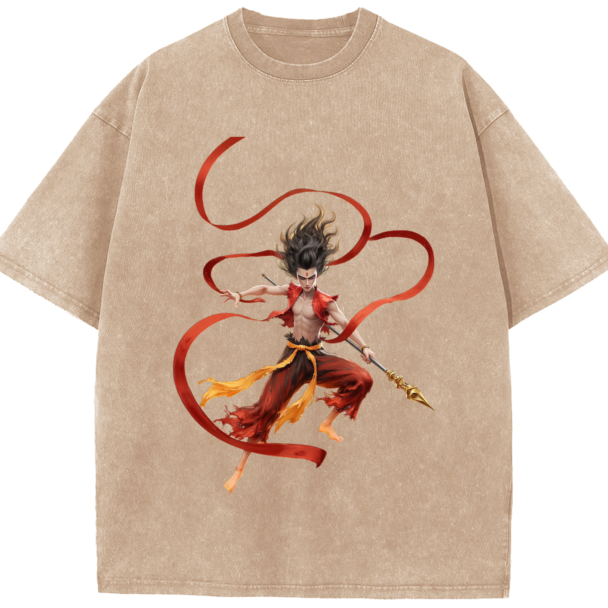 （画像用） Ne Zha 2 ナタ 魔童の大暴れ 綿100% ヴィンテージ風 半袖Tシャツ（フロントプリント）