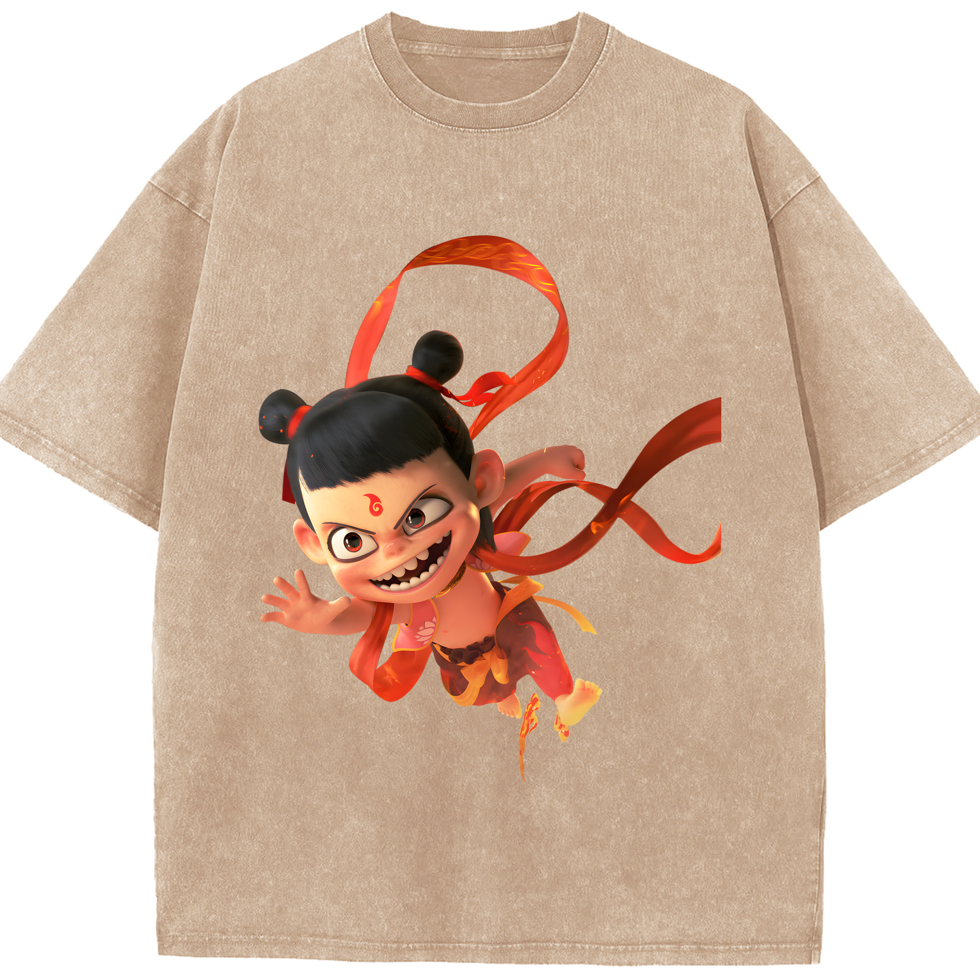 （画像用） Ne Zha 2 ナタ 魔童の大暴れ 綿100% ヴィンテージ風 半袖Tシャツ（フロントプリント）