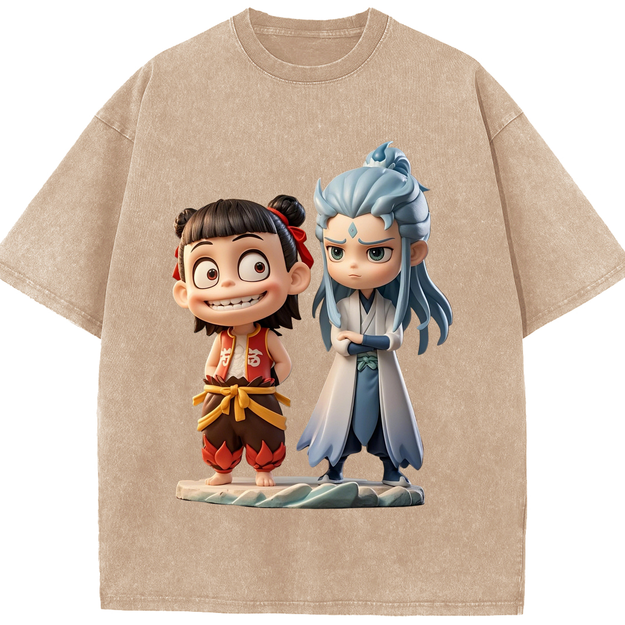 （画像用） Ne Zha 2 ナタ 魔童の大暴れ 綿100% ヴィンテージ風 半袖Tシャツ（フロントプリント）
