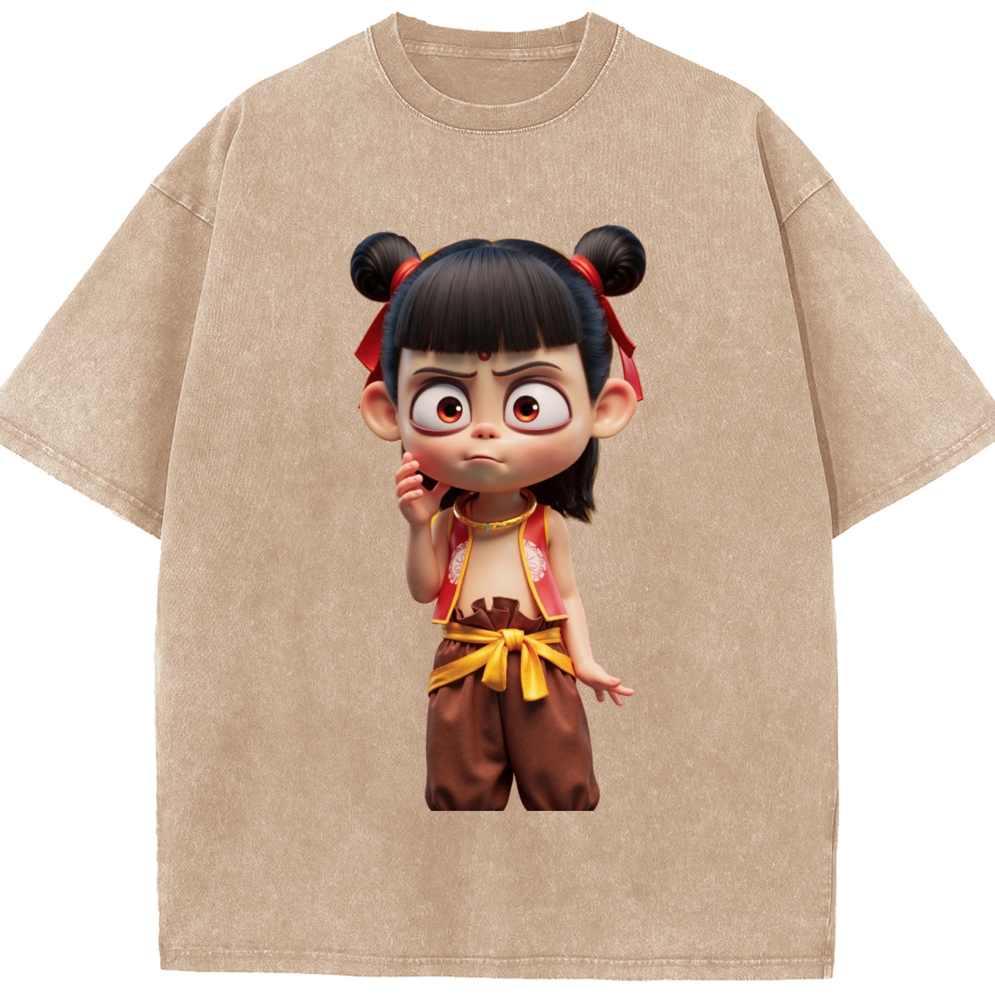（画像用） Ne Zha 2 ナタ 魔童の大暴れ 綿100% ヴィンテージ風 半袖Tシャツ（フロントプリント）