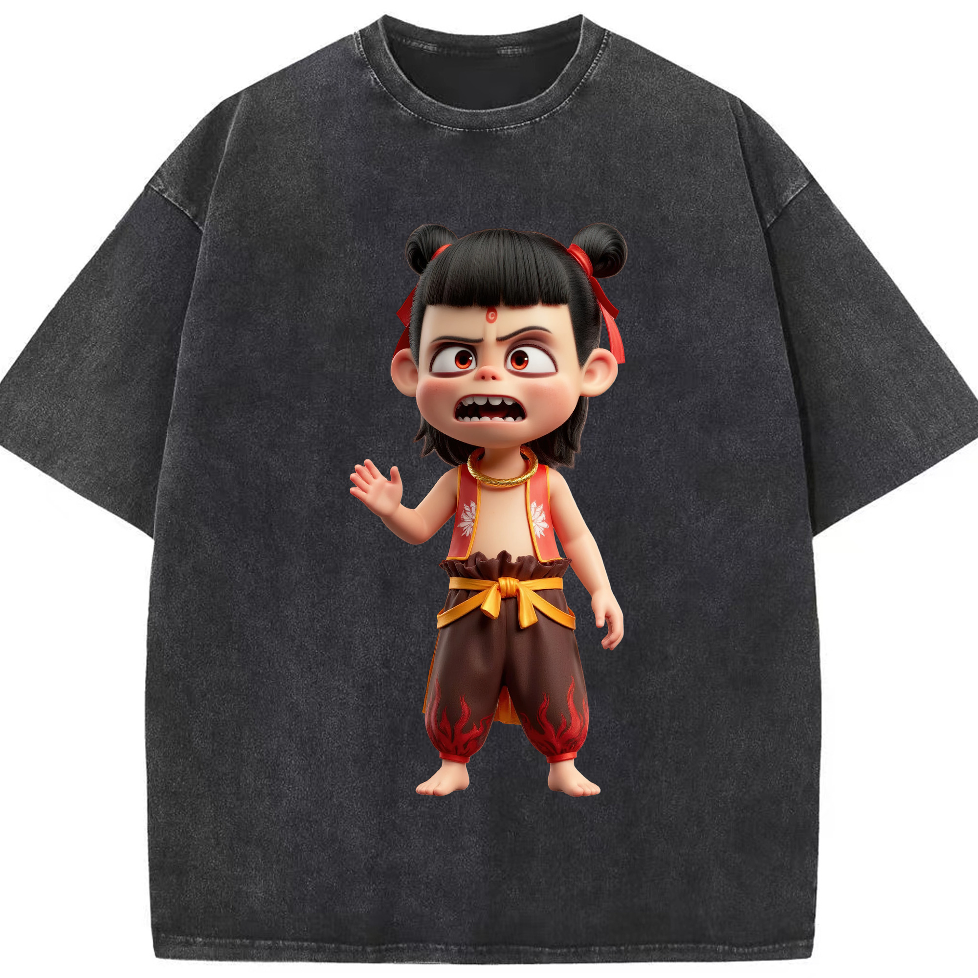 （画像用） Ne Zha 2 ナタ 魔童の大暴れ 綿100% ヴィンテージ風 半袖Tシャツ（フロントプリント）
