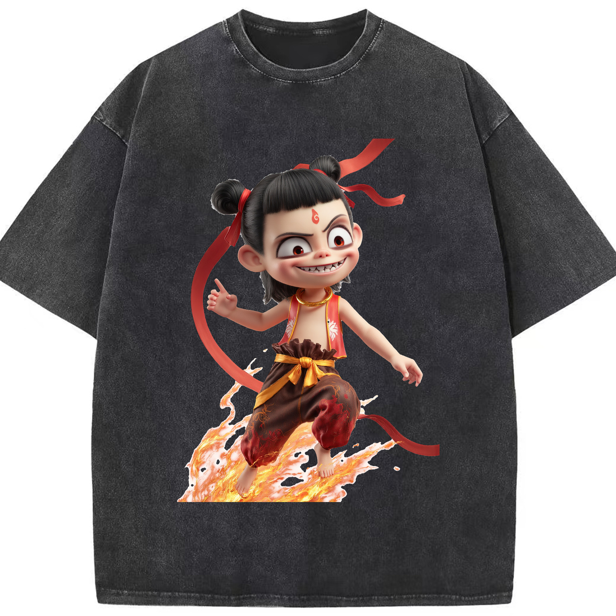 （画像用） Ne Zha 2 ナタ 魔童の大暴れ 綿100% ヴィンテージ風 半袖Tシャツ（フロントプリント）