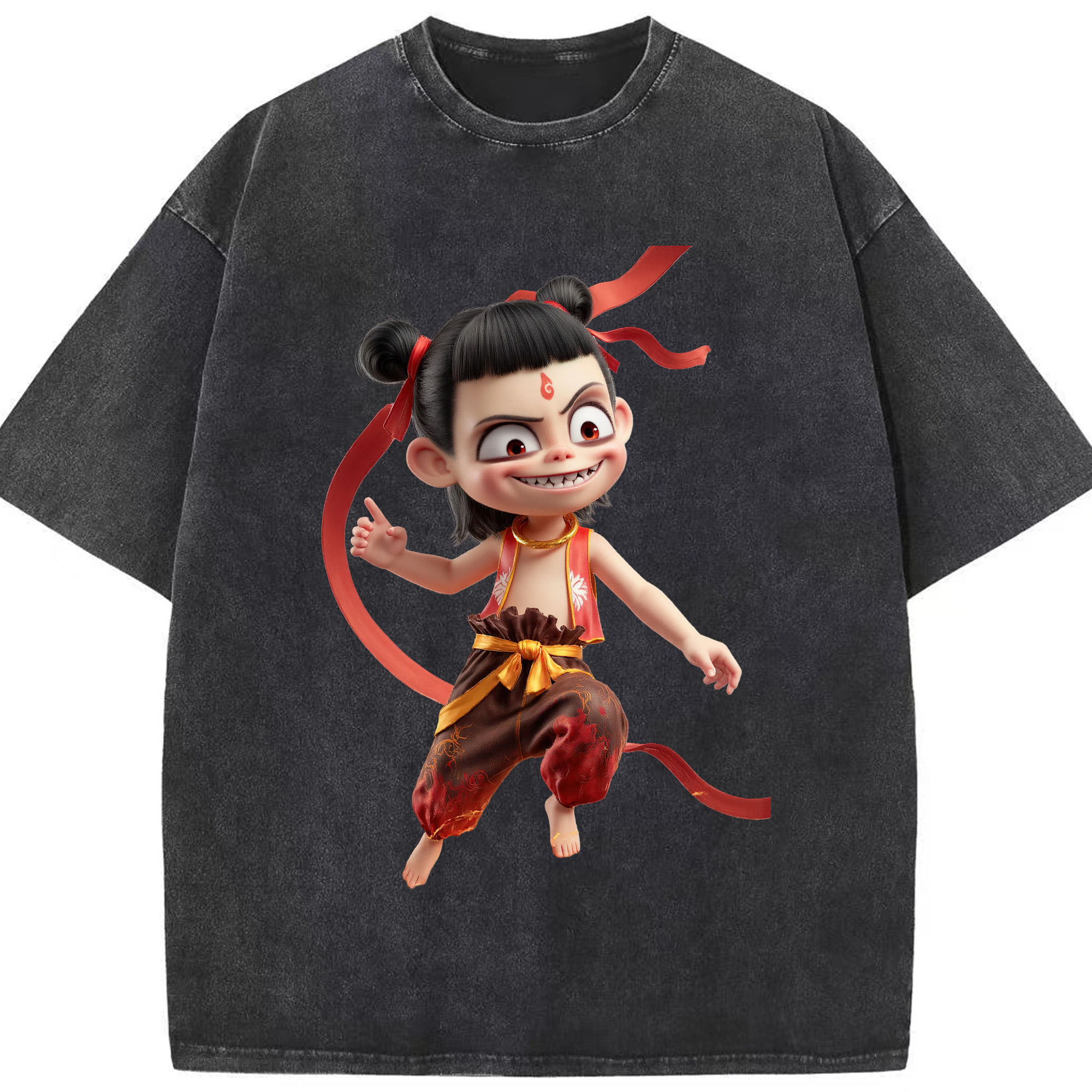 （画像用） Ne Zha 2 ナタ 魔童の大暴れ 綿100% ヴィンテージ風 半袖Tシャツ（フロントプリント）
