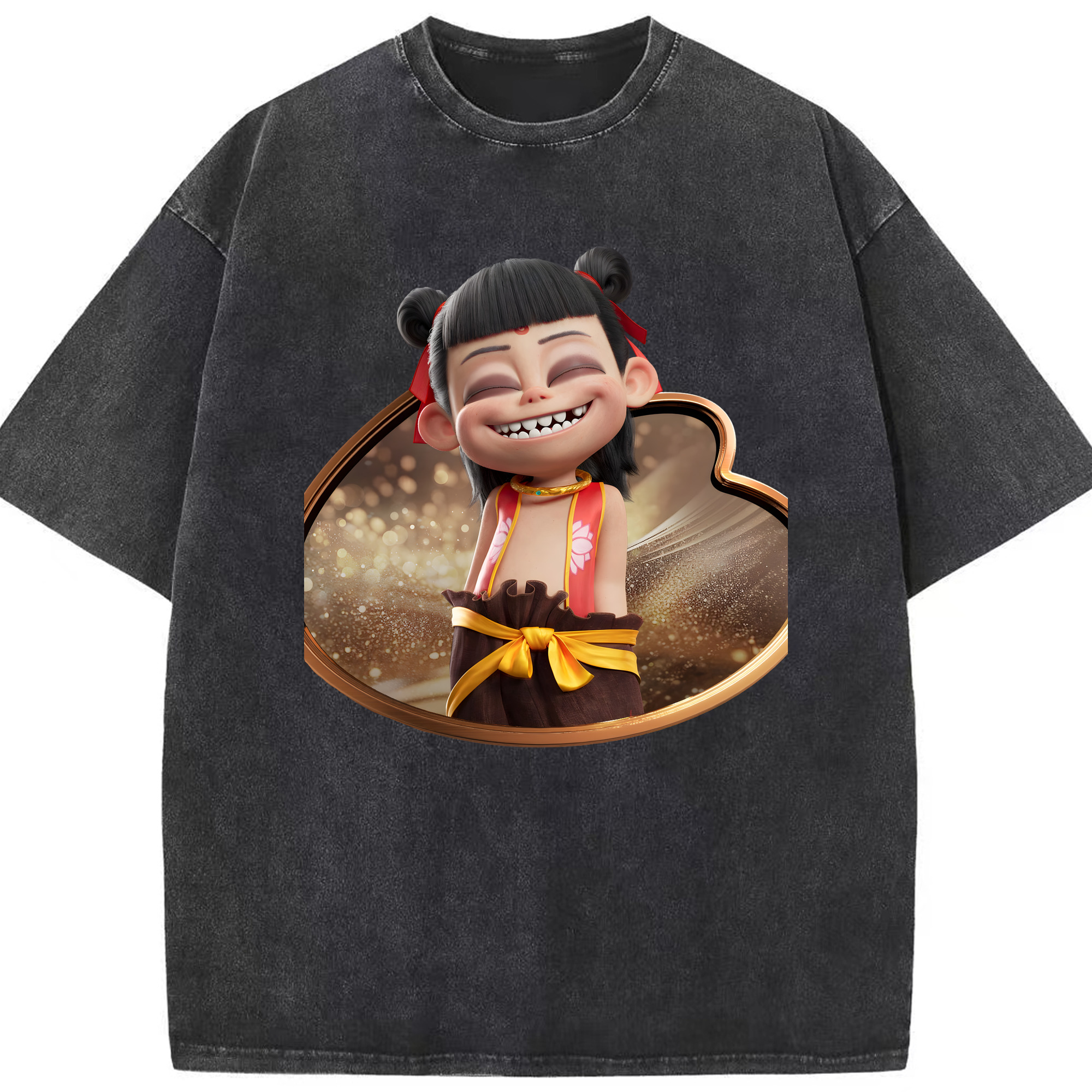 （画像用） Ne Zha 2 ナタ 魔童の大暴れ 綿100% ヴィンテージ風 半袖Tシャツ（フロントプリント）