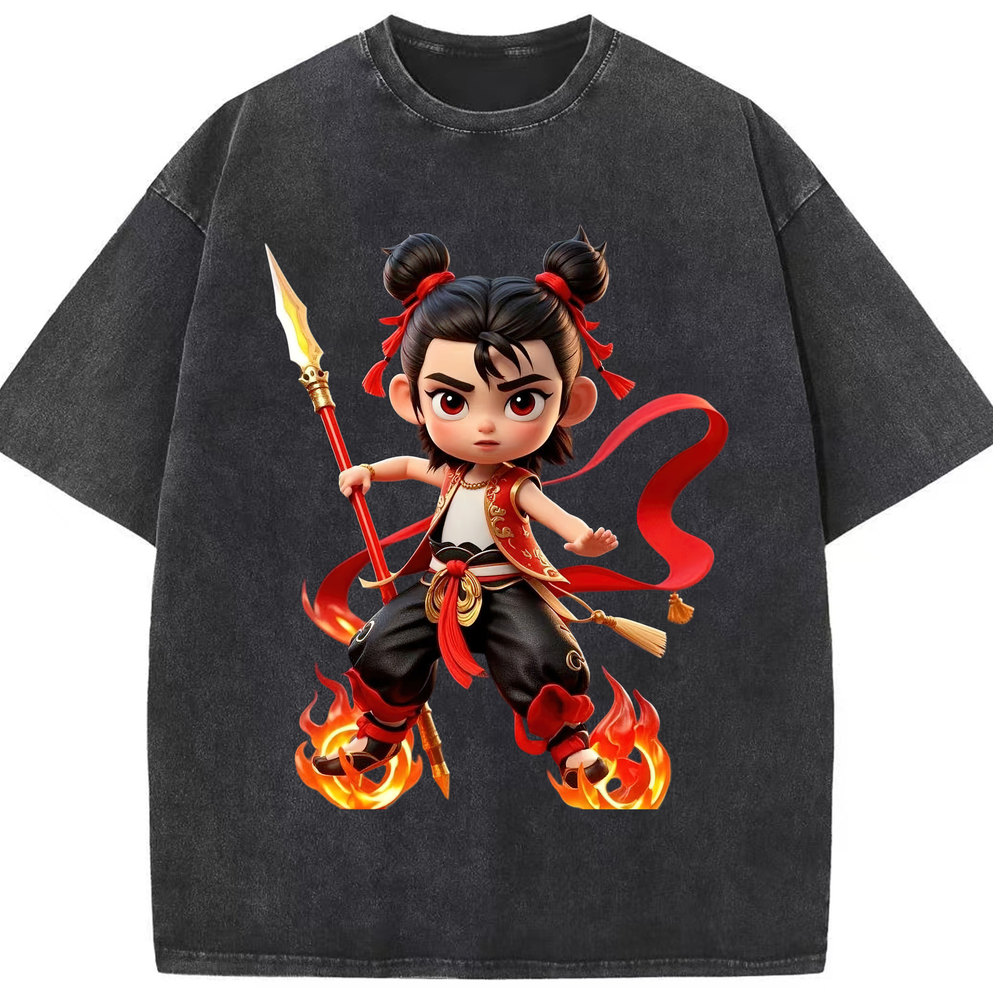 （画像用） Ne Zha 2 ナタ 魔童の大暴れ 綿100% ヴィンテージ風 半袖Tシャツ（フロントプリント）