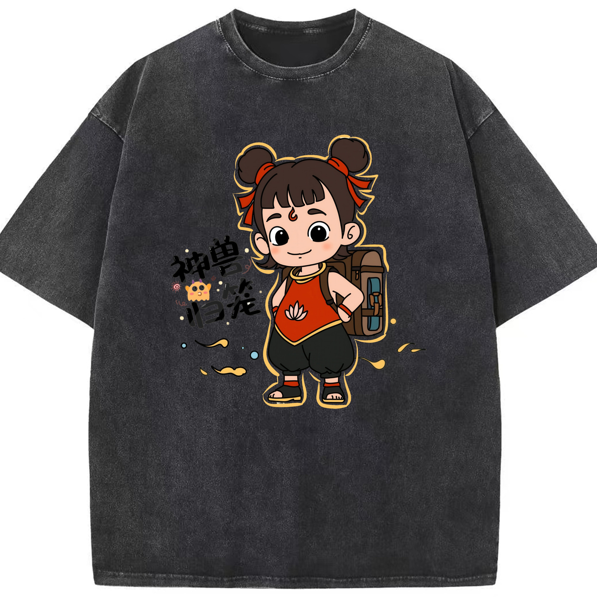 （画像用） Ne Zha 2 ナタ 魔童の大暴れ 綿100% ヴィンテージ風 半袖Tシャツ（フロントプリント）