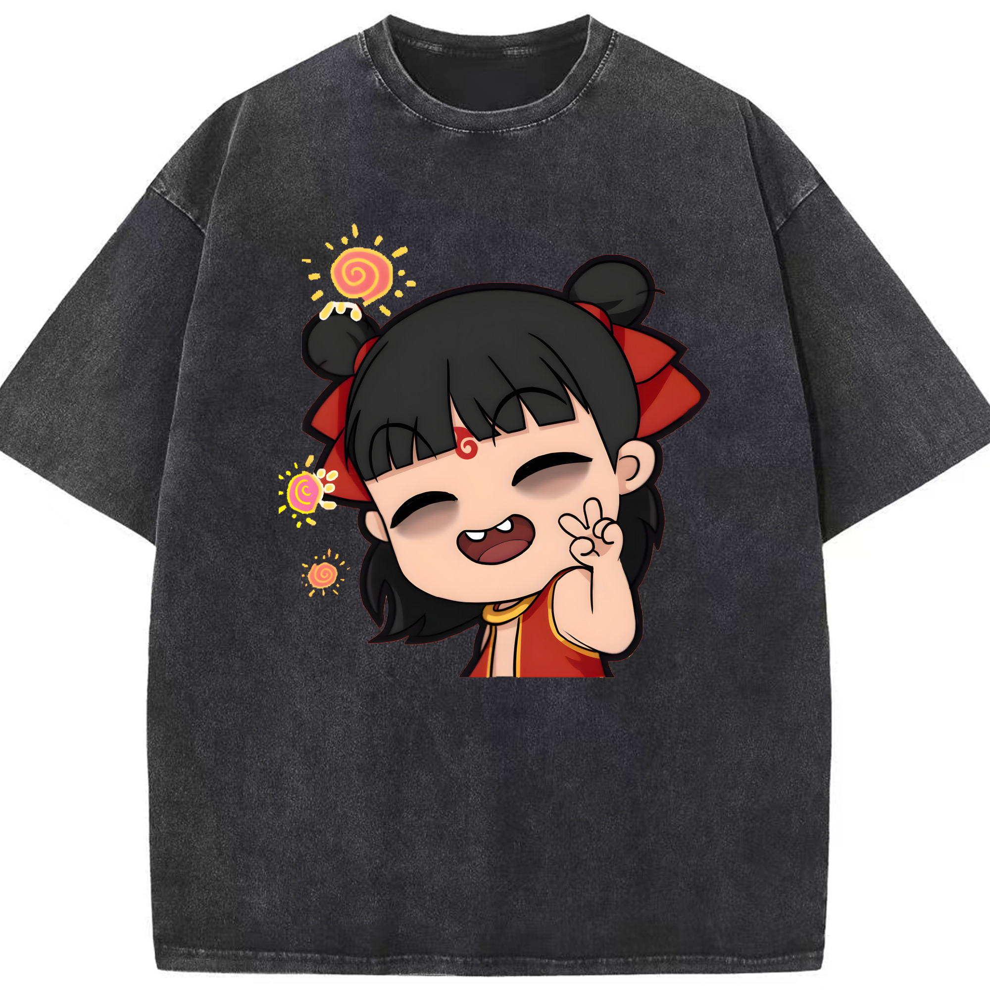 （画像用） Ne Zha 2 ナタ 魔童の大暴れ 綿100% ヴィンテージ風 半袖Tシャツ（フロントプリント）
