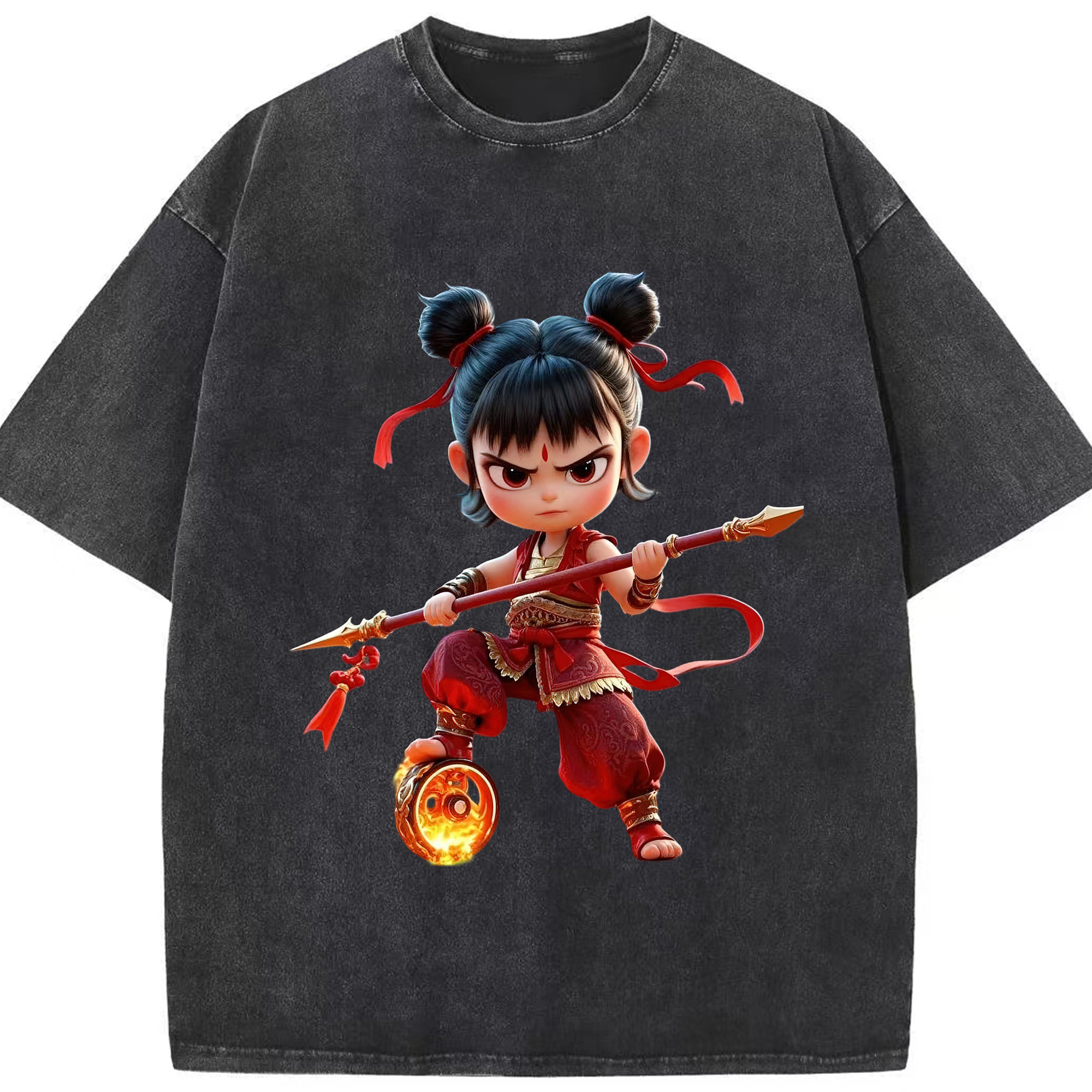 （画像用） Ne Zha 2 ナタ 魔童の大暴れ 綿100% ヴィンテージ風 半袖Tシャツ（フロントプリント）