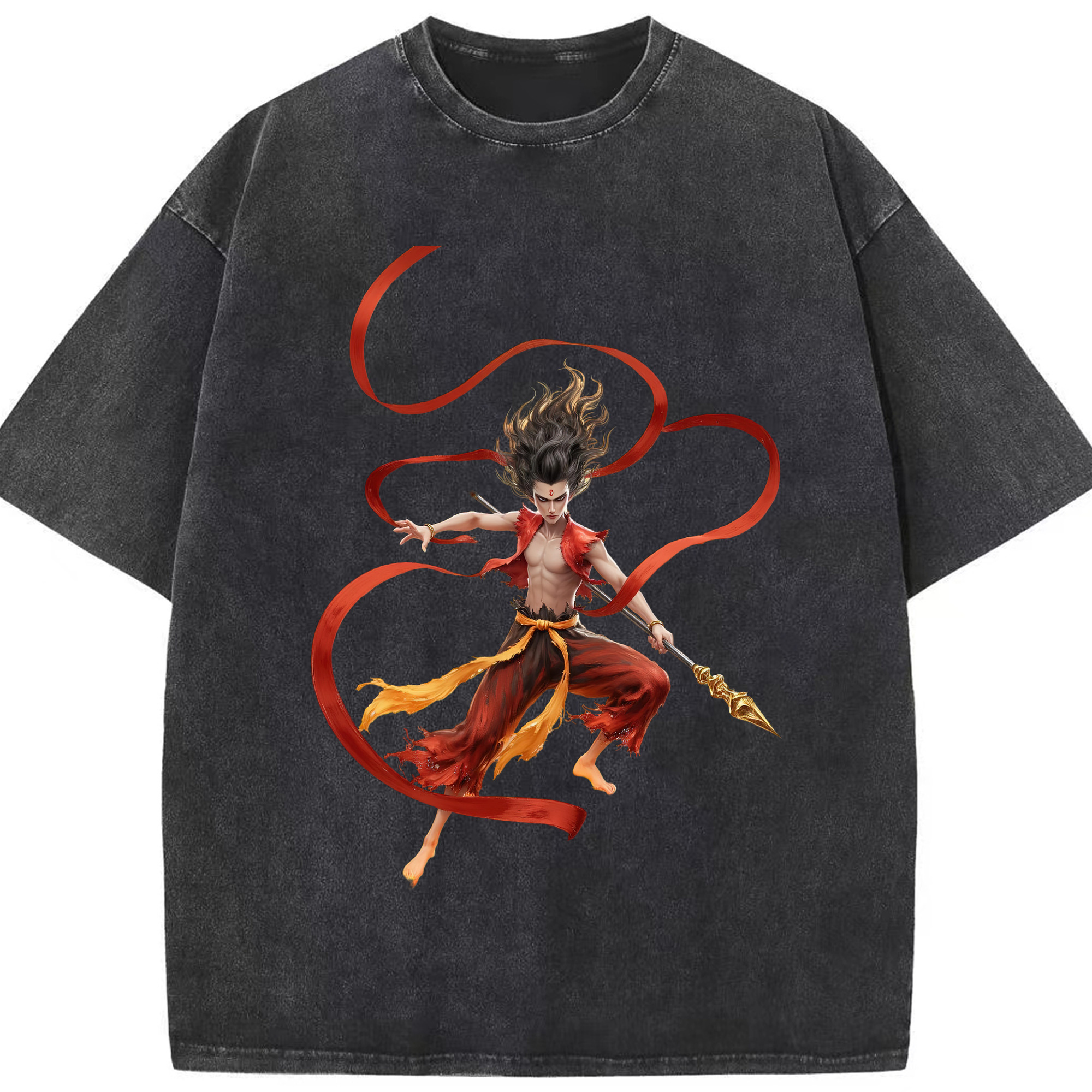 （画像用） Ne Zha 2 ナタ 魔童の大暴れ 綿100% ヴィンテージ風 半袖Tシャツ（フロントプリント）