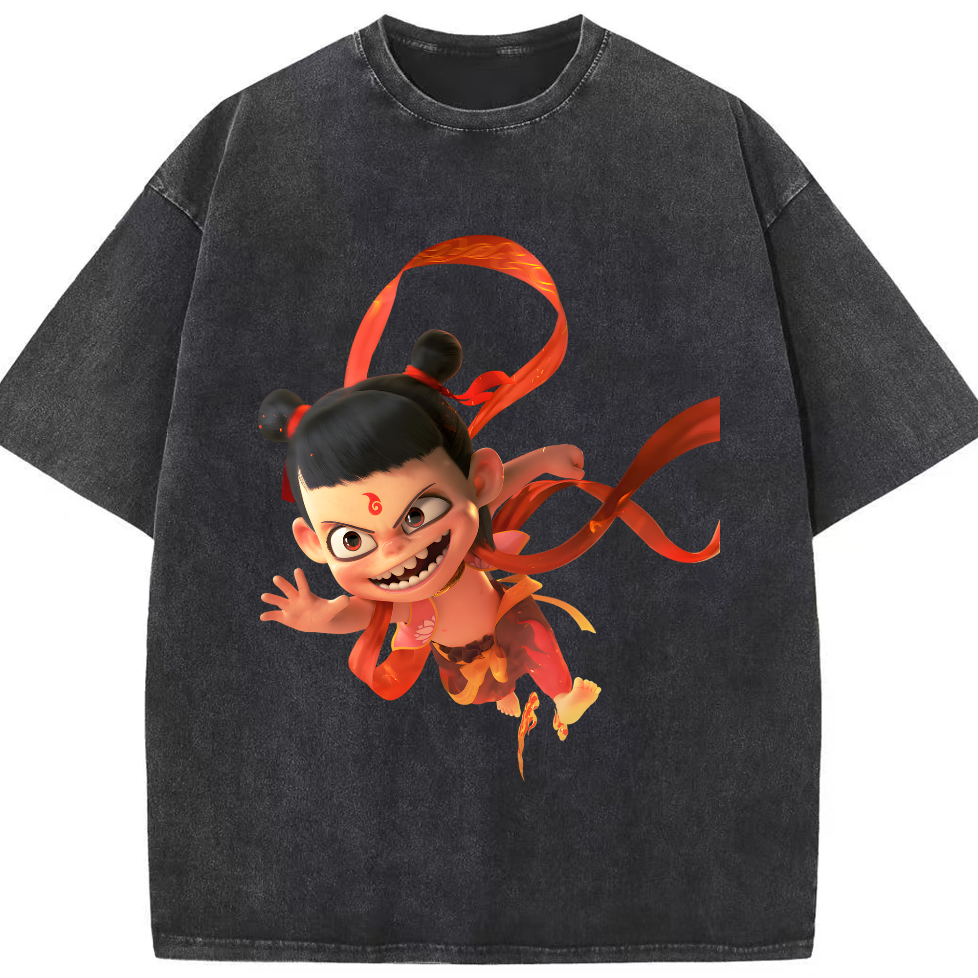 （画像用） Ne Zha 2 ナタ 魔童の大暴れ 綿100% ヴィンテージ風 半袖Tシャツ（フロントプリント）