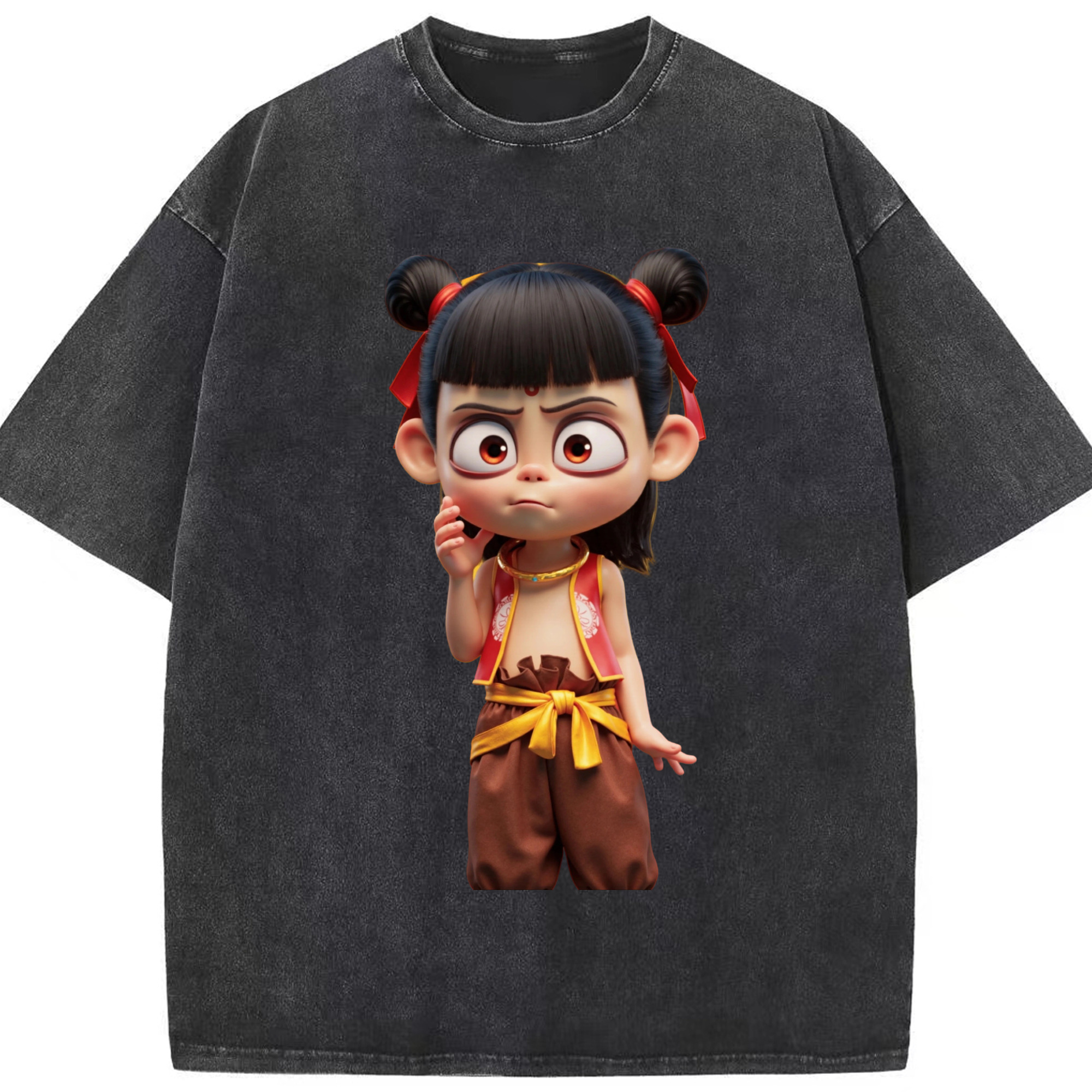 （画像用） Ne Zha 2 ナタ 魔童の大暴れ 綿100% ヴィンテージ風 半袖Tシャツ（フロントプリント）