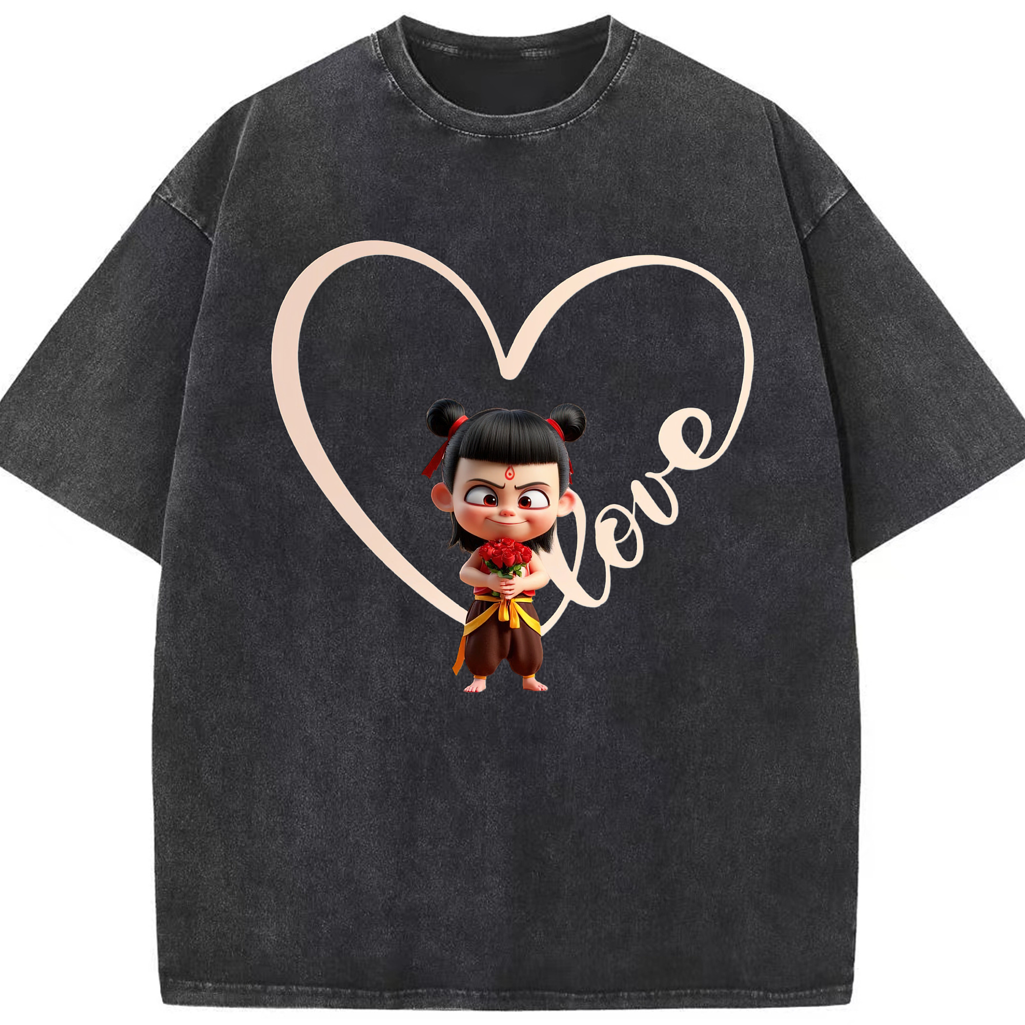 （画像用） Ne Zha 2 ナタ 魔童の大暴れ 綿100% ヴィンテージ風 半袖Tシャツ（フロントプリント）