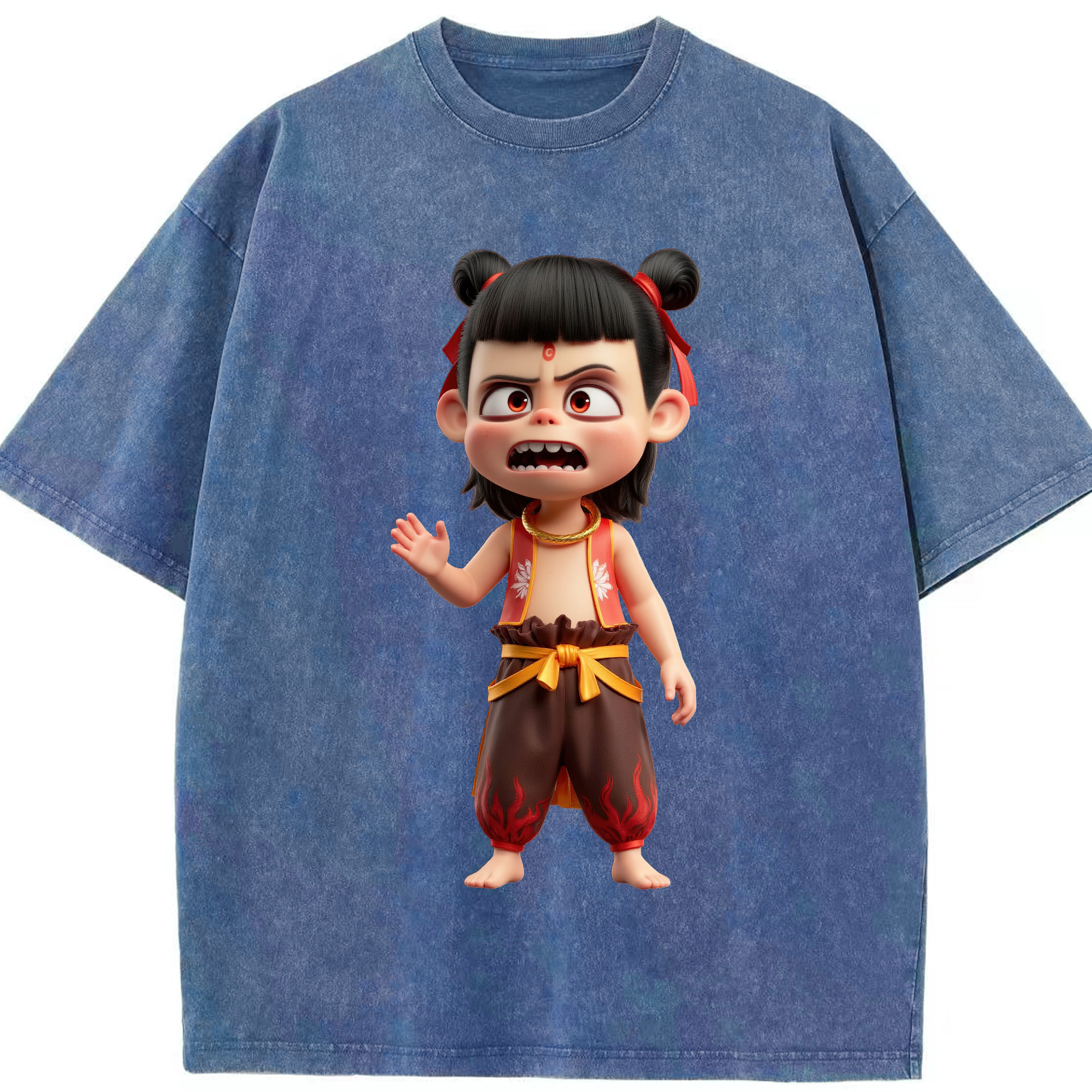 （画像用） Ne Zha 2 ナタ 魔童の大暴れ 綿100% ヴィンテージ風 半袖Tシャツ（フロントプリント）