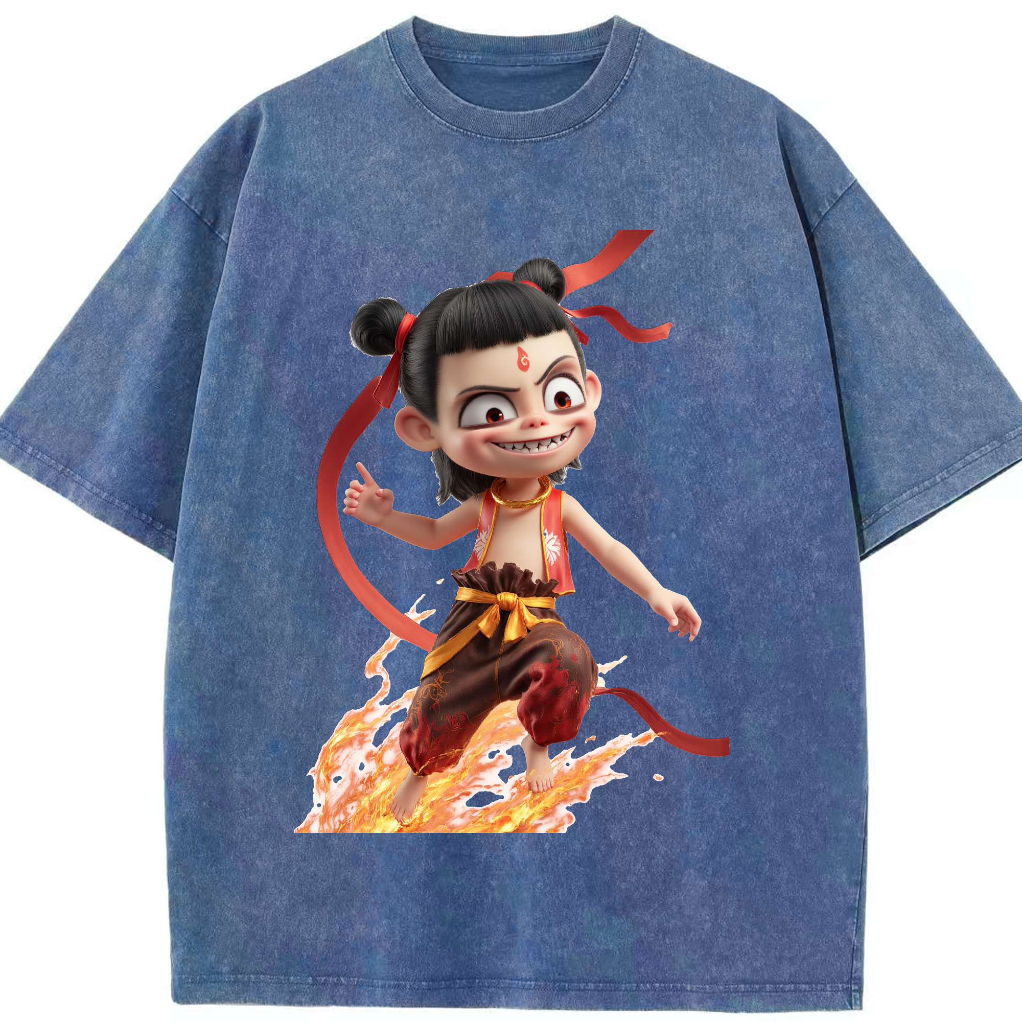 （画像用） Ne Zha 2 ナタ 魔童の大暴れ 綿100% ヴィンテージ風 半袖Tシャツ（フロントプリント）