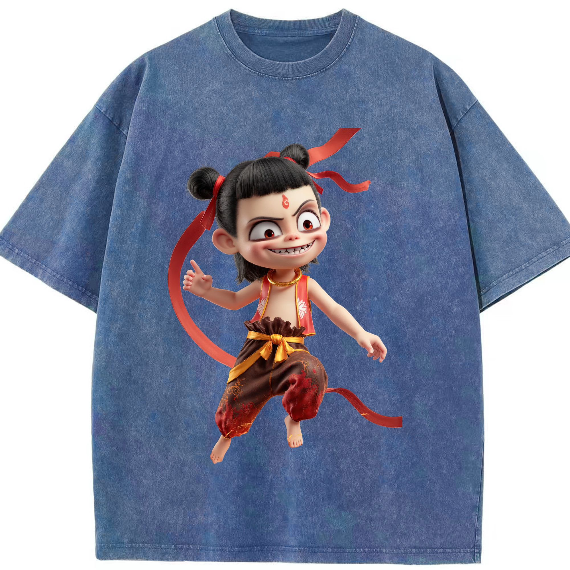 （画像用） Ne Zha 2 ナタ 魔童の大暴れ 綿100% ヴィンテージ風 半袖Tシャツ（フロントプリント）
