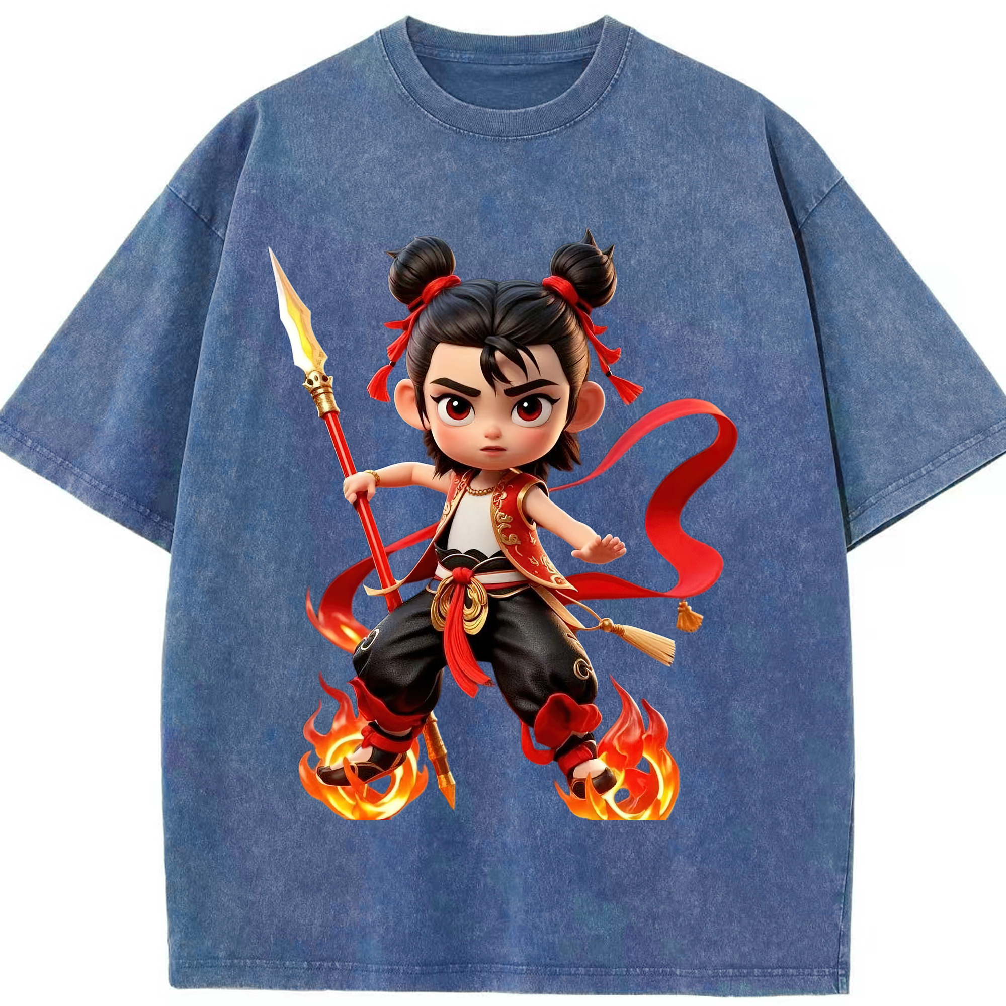 （画像用） Ne Zha 2 ナタ 魔童の大暴れ 綿100% ヴィンテージ風 半袖Tシャツ（フロントプリント）