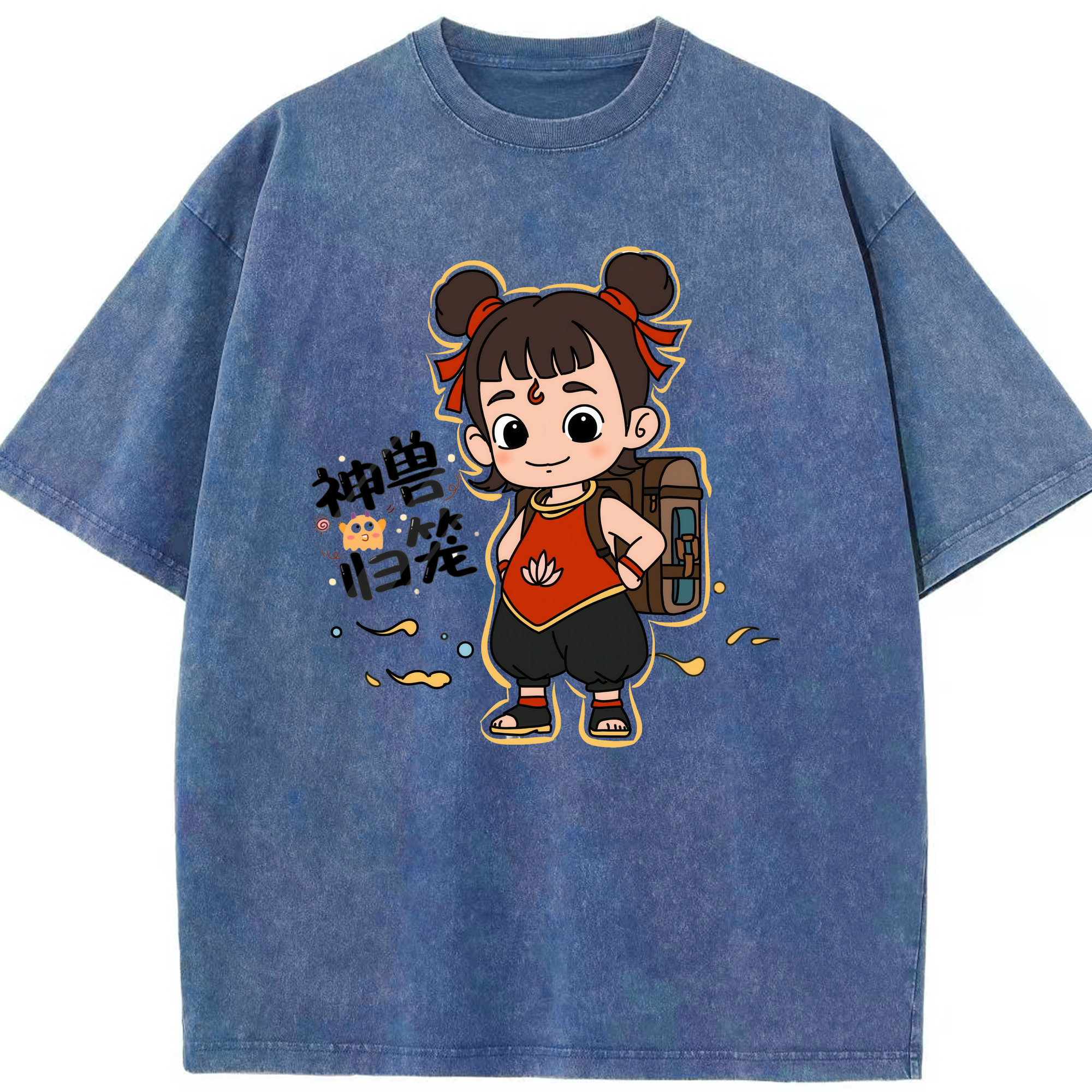 （画像用） Ne Zha 2 ナタ 魔童の大暴れ 綿100% ヴィンテージ風 半袖Tシャツ（フロントプリント）