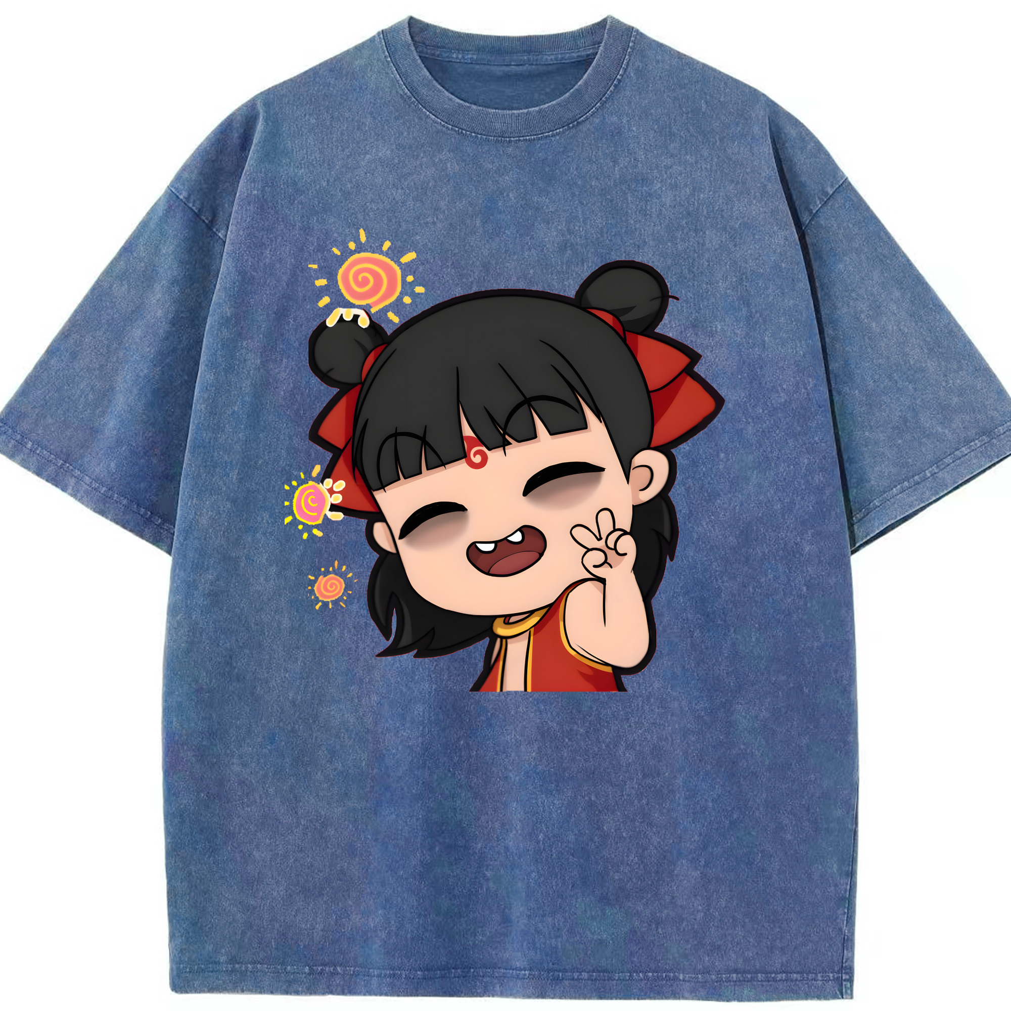 （画像用） Ne Zha 2 ナタ 魔童の大暴れ 綿100% ヴィンテージ風 半袖Tシャツ（フロントプリント）