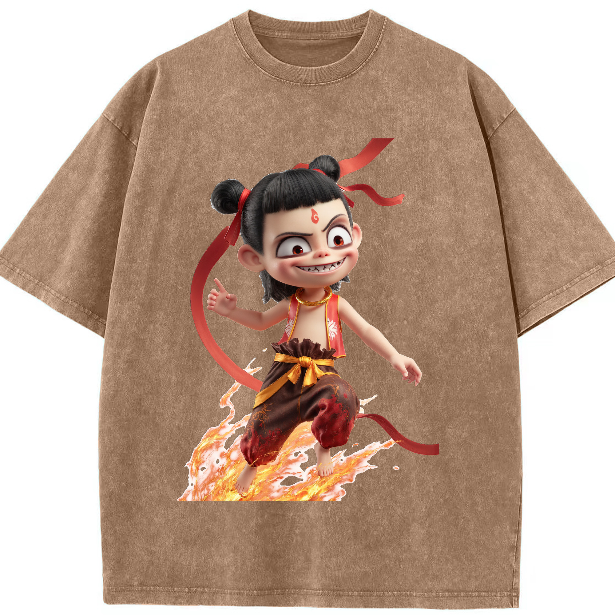 （画像用） Ne Zha 2 ナタ 魔童の大暴れ 綿100% ヴィンテージ風 半袖Tシャツ（フロントプリント）