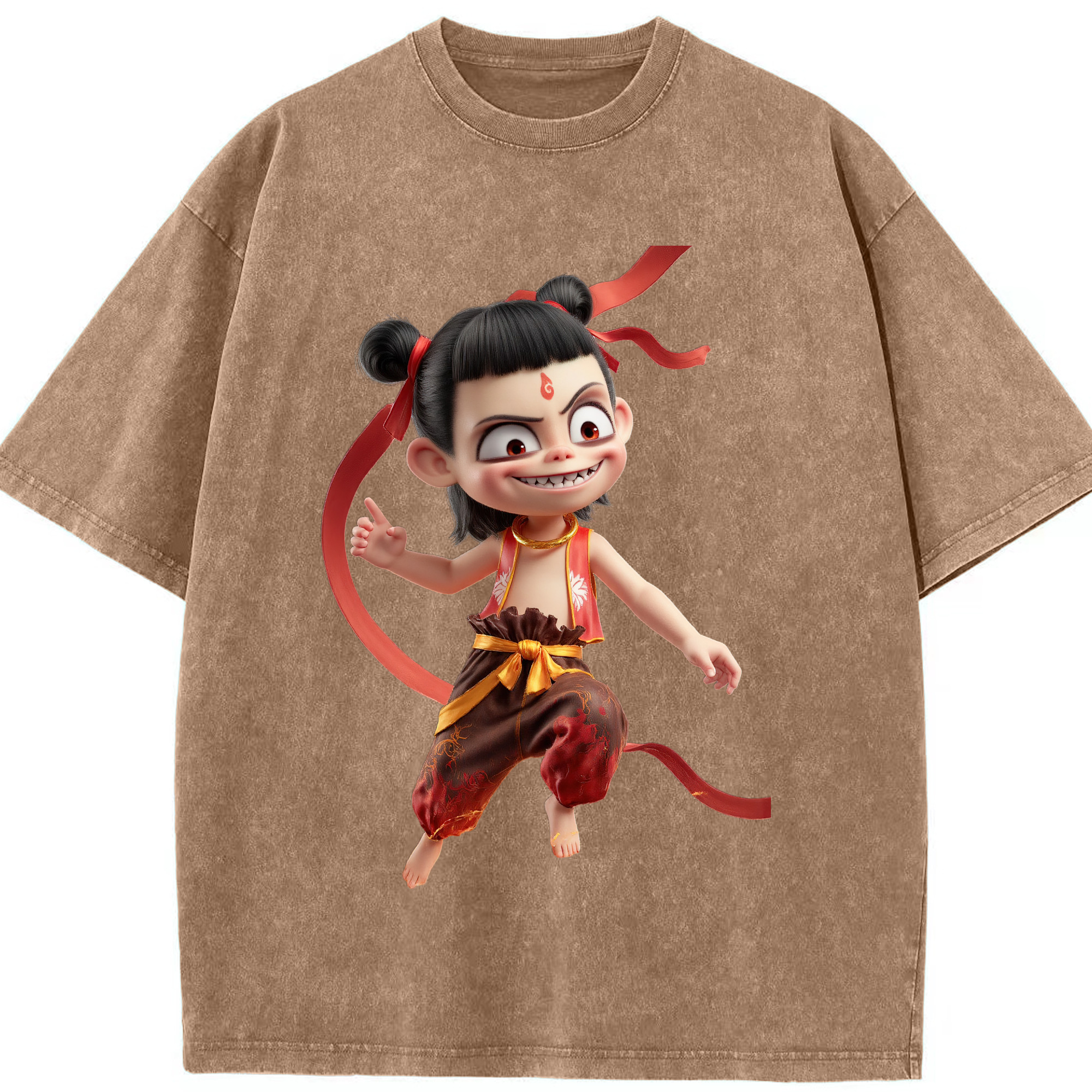 （画像用） Ne Zha 2 ナタ 魔童の大暴れ 綿100% ヴィンテージ風 半袖Tシャツ（フロントプリント）