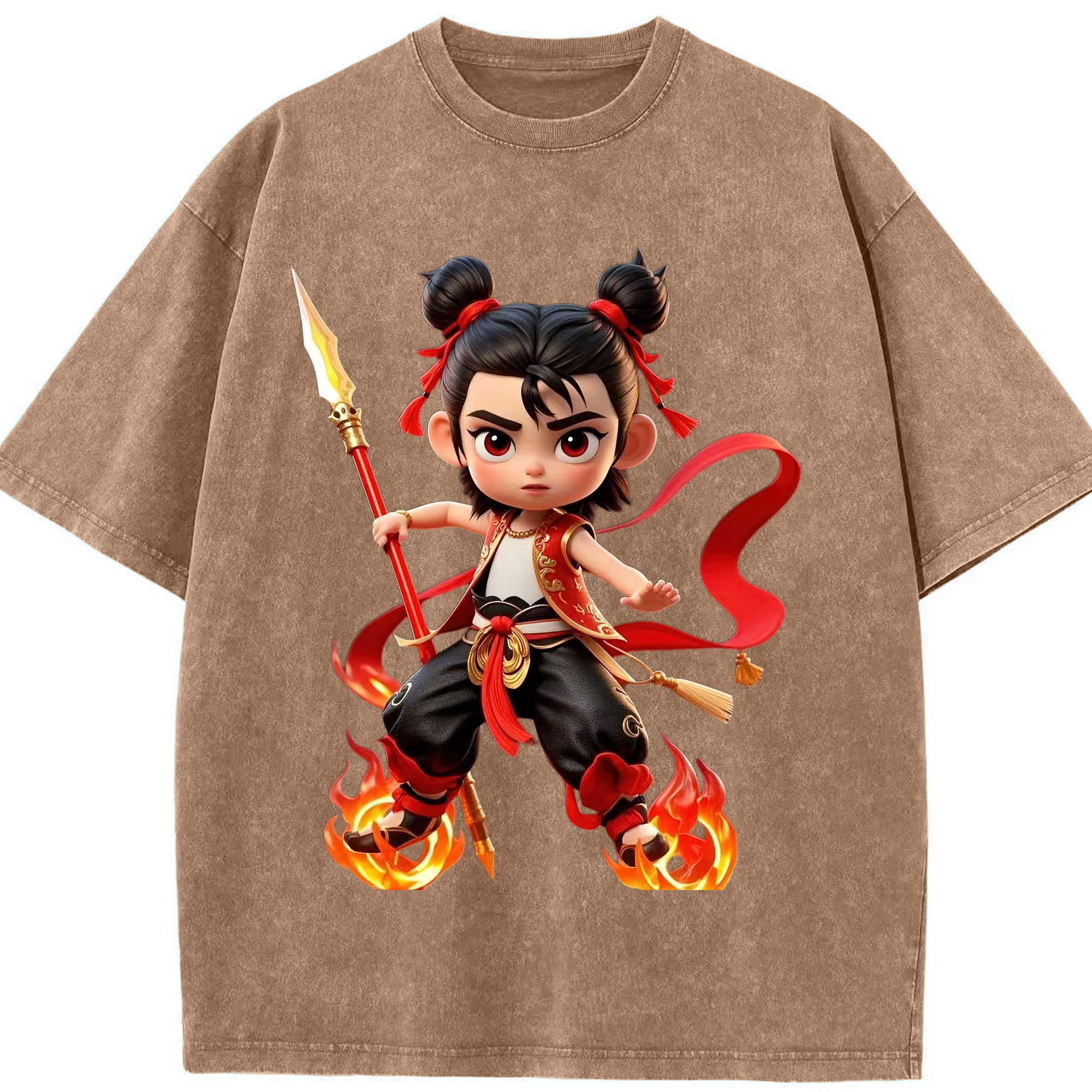 （画像用） Ne Zha 2 ナタ 魔童の大暴れ 綿100% ヴィンテージ風 半袖Tシャツ（フロントプリント）