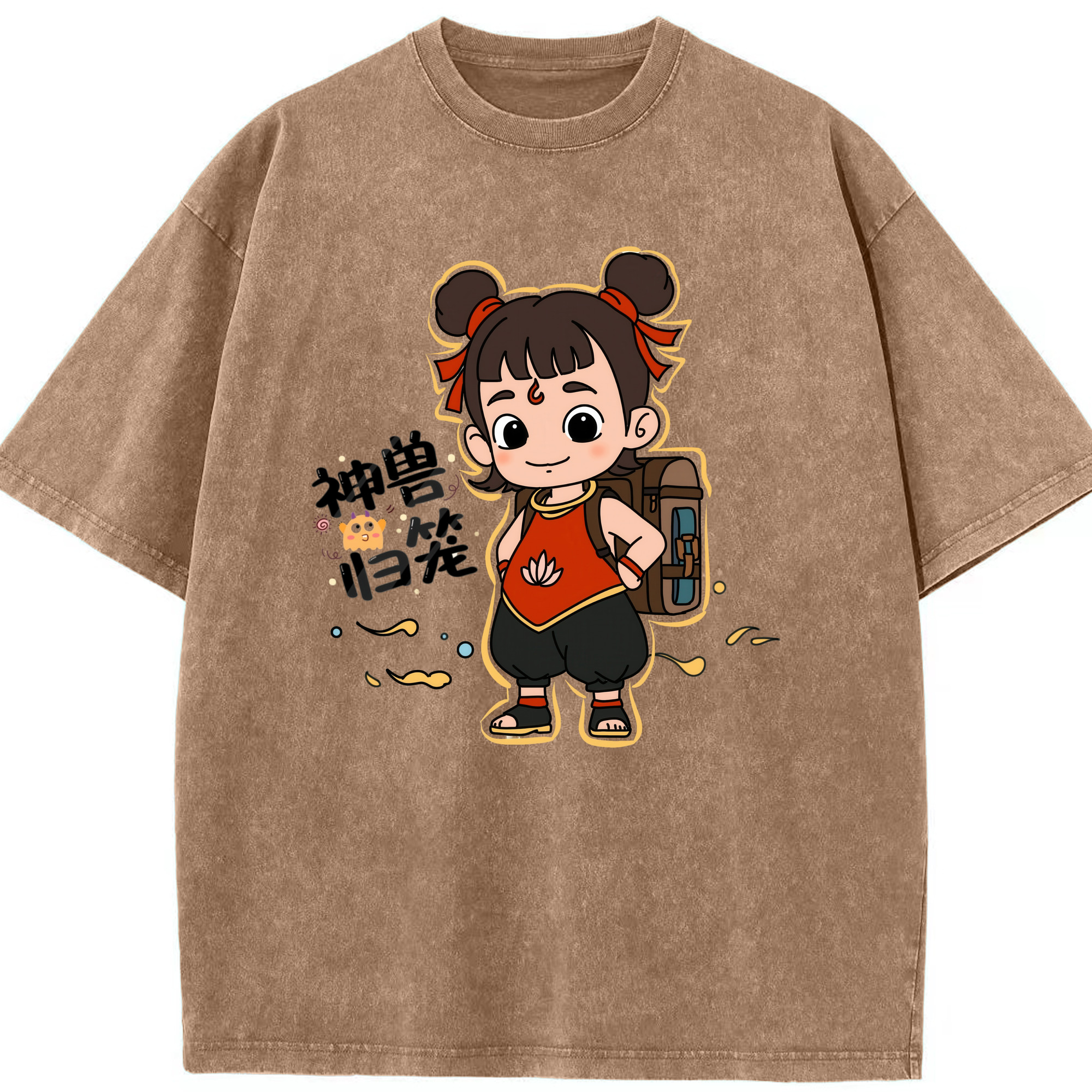 （画像用） Ne Zha 2 ナタ 魔童の大暴れ 綿100% ヴィンテージ風 半袖Tシャツ（フロントプリント）