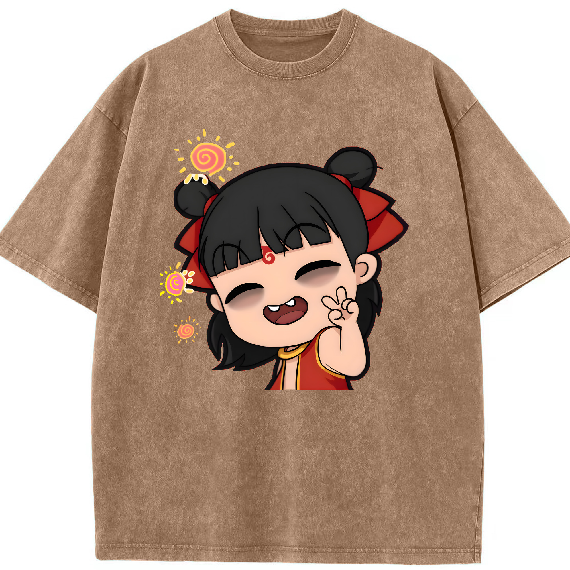 （画像用） Ne Zha 2 ナタ 魔童の大暴れ 綿100% ヴィンテージ風 半袖Tシャツ（フロントプリント）