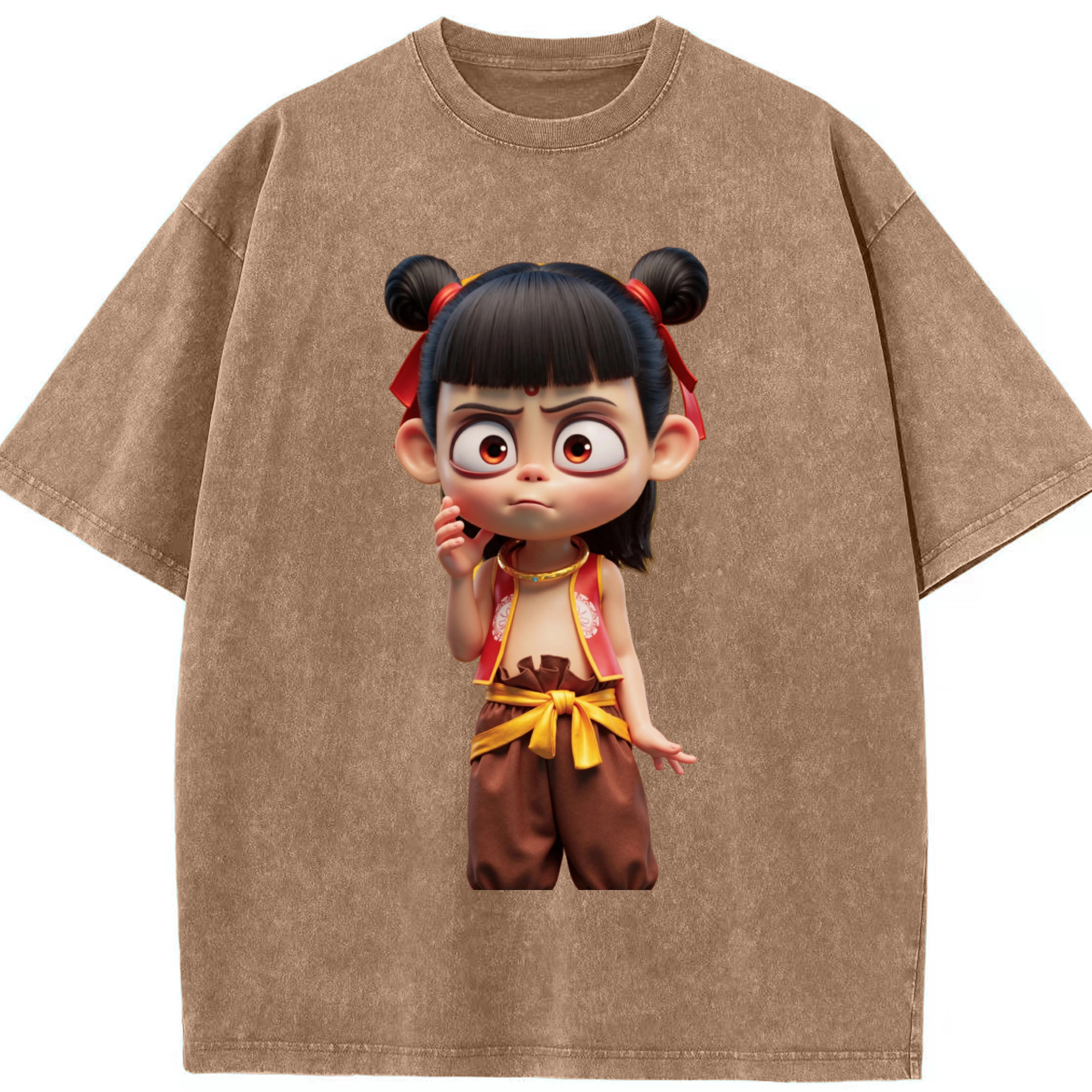 （画像用） Ne Zha 2 ナタ 魔童の大暴れ 綿100% ヴィンテージ風 半袖Tシャツ（フロントプリント）