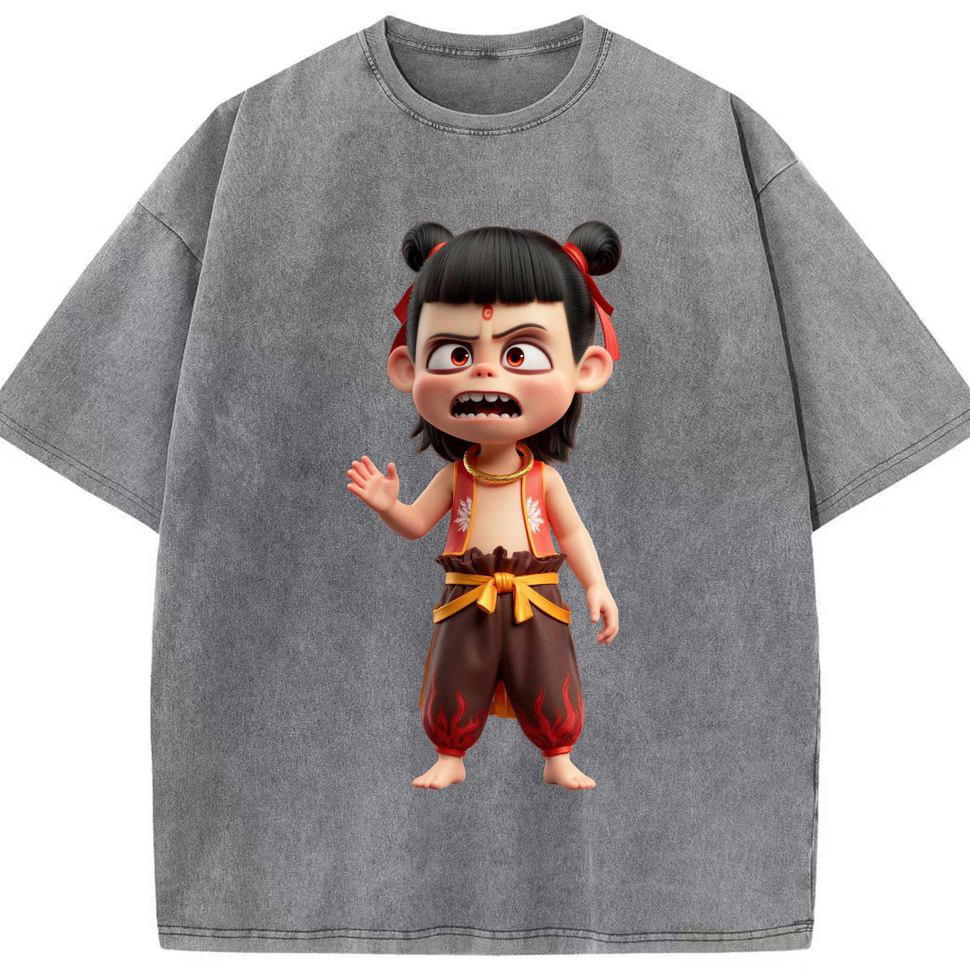 （画像用） Ne Zha 2 ナタ 魔童の大暴れ 綿100% ヴィンテージ風 半袖Tシャツ（フロントプリント）