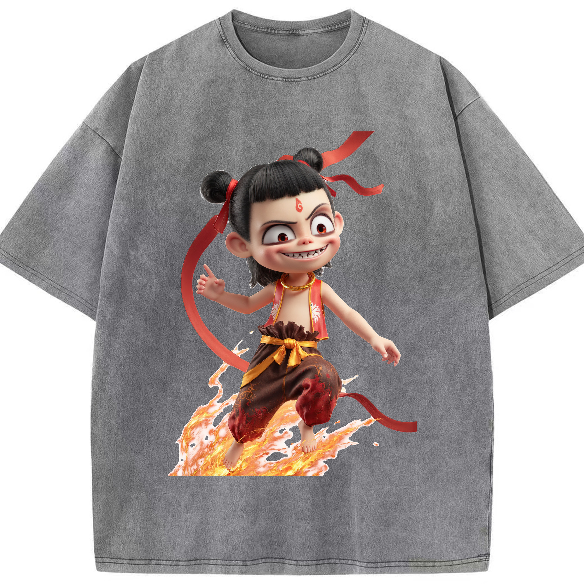 （画像用） Ne Zha 2 ナタ 魔童の大暴れ 綿100% ヴィンテージ風 半袖Tシャツ（フロントプリント）