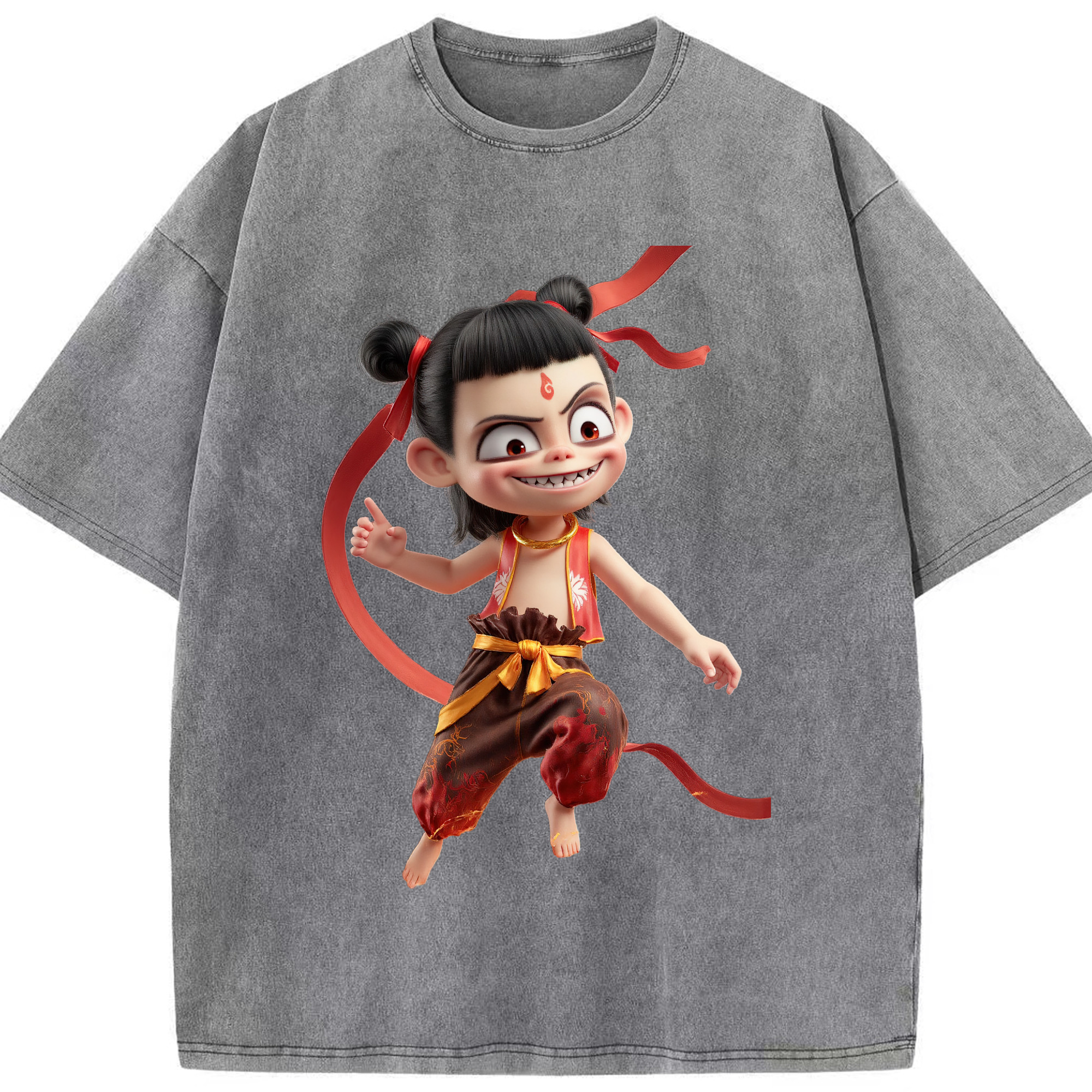 （画像用） Ne Zha 2 ナタ 魔童の大暴れ 綿100% ヴィンテージ風 半袖Tシャツ（フロントプリント）