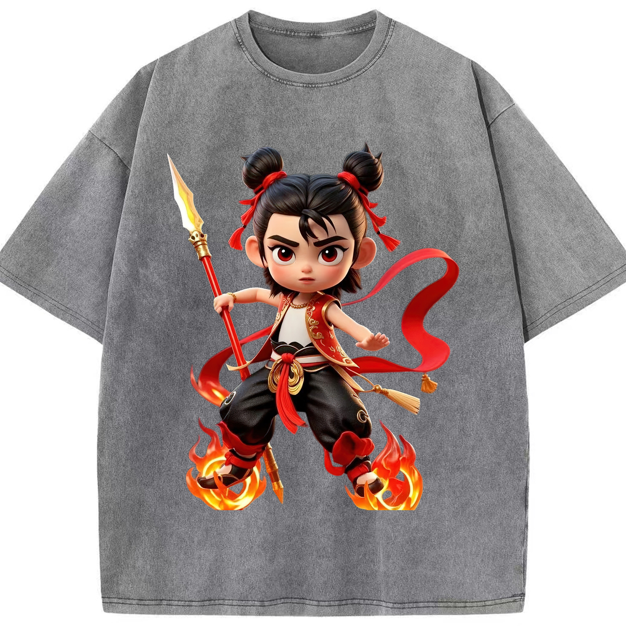 （画像用） Ne Zha 2 ナタ 魔童の大暴れ 綿100% ヴィンテージ風 半袖Tシャツ（フロントプリント）
