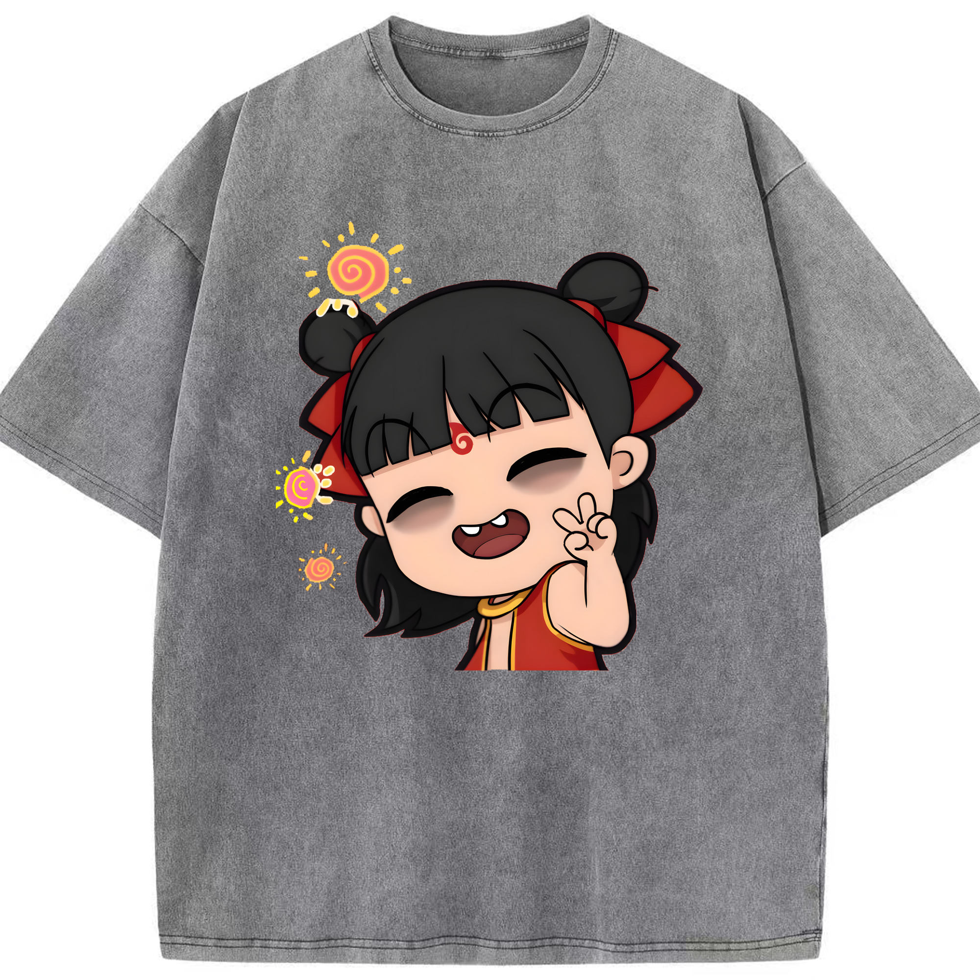 （画像用） Ne Zha 2 ナタ 魔童の大暴れ 綿100% ヴィンテージ風 半袖Tシャツ（フロントプリント）