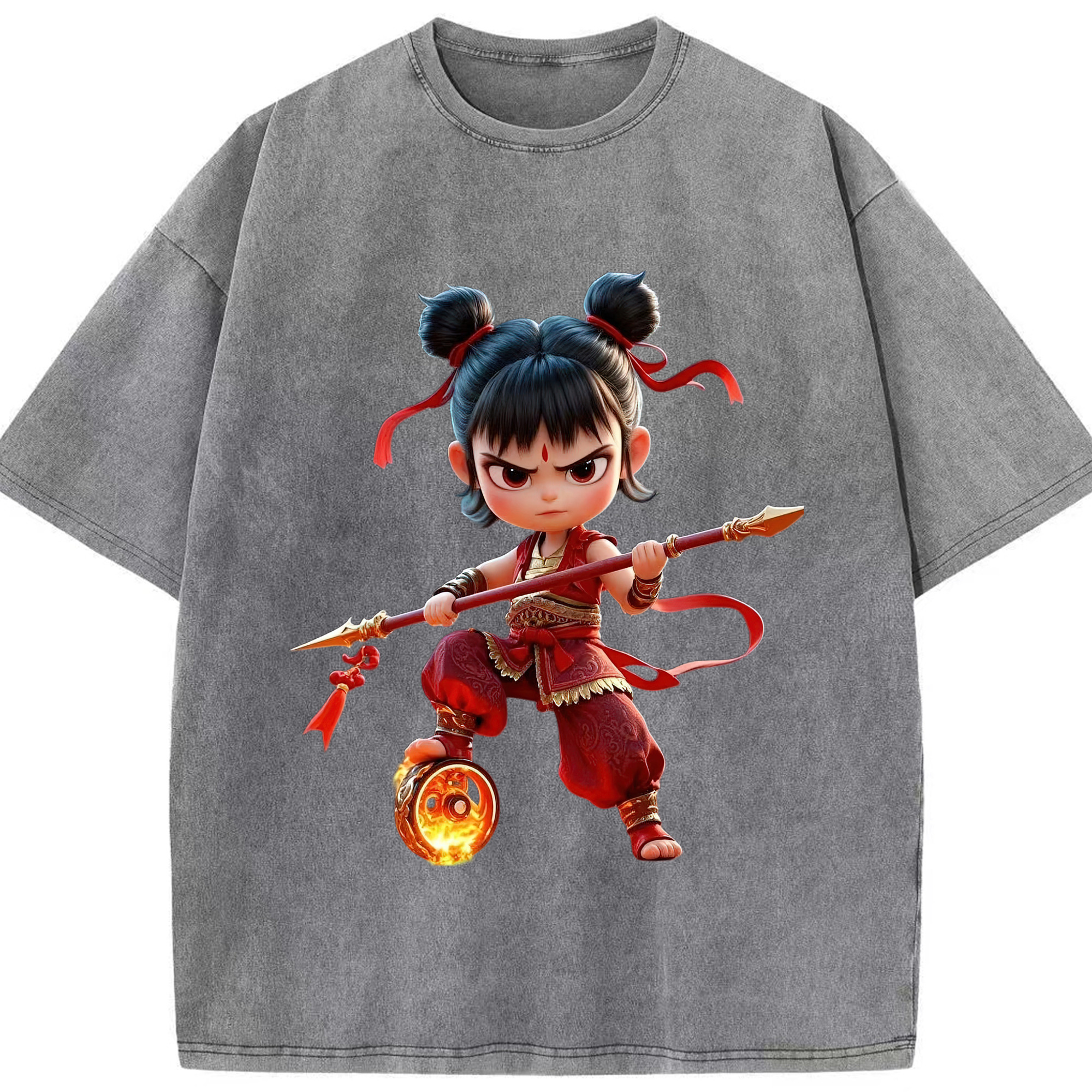 （画像用） Ne Zha 2 ナタ 魔童の大暴れ 綿100% ヴィンテージ風 半袖Tシャツ（フロントプリント）