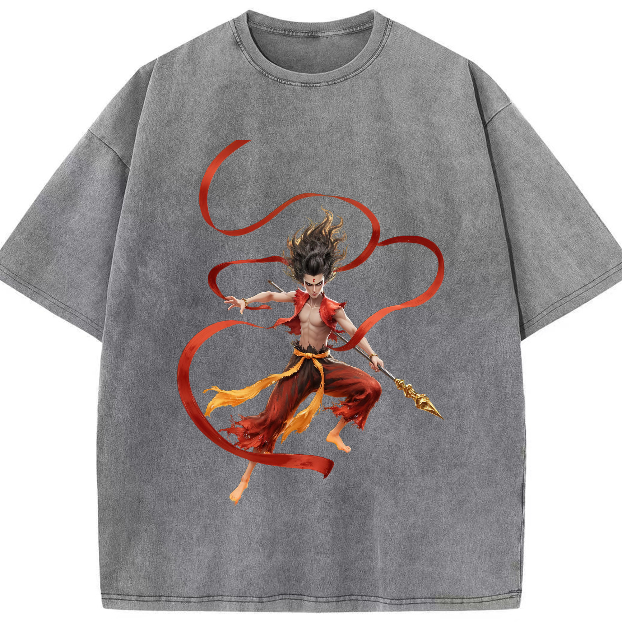 （画像用） Ne Zha 2 ナタ 魔童の大暴れ 綿100% ヴィンテージ風 半袖Tシャツ（フロントプリント）