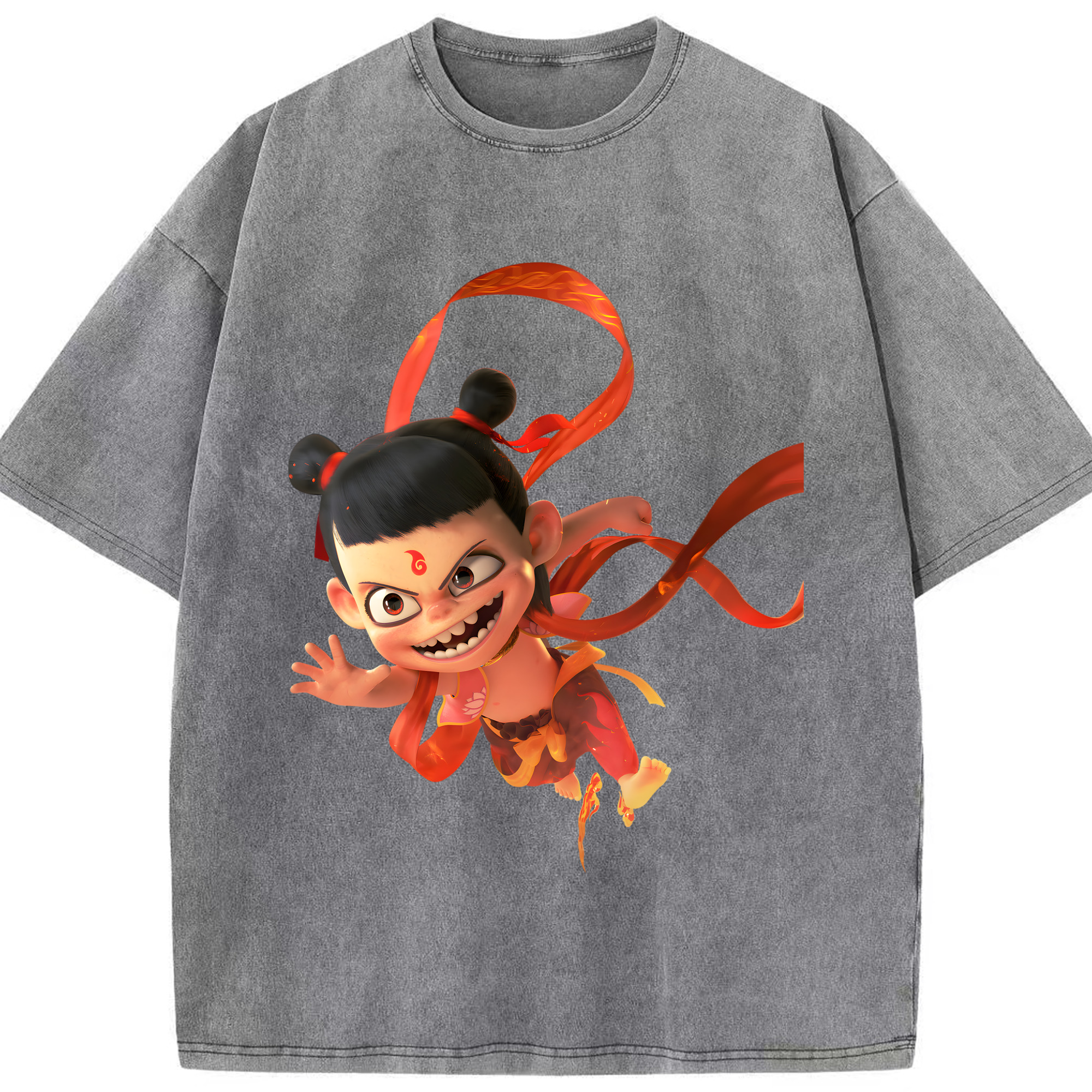 （画像用） Ne Zha 2 ナタ 魔童の大暴れ 綿100% ヴィンテージ風 半袖Tシャツ（フロントプリント）