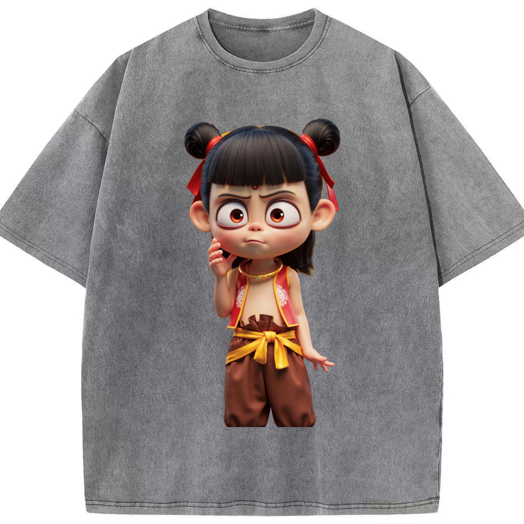 （画像用） Ne Zha 2 ナタ 魔童の大暴れ 綿100% ヴィンテージ風 半袖Tシャツ（フロントプリント）