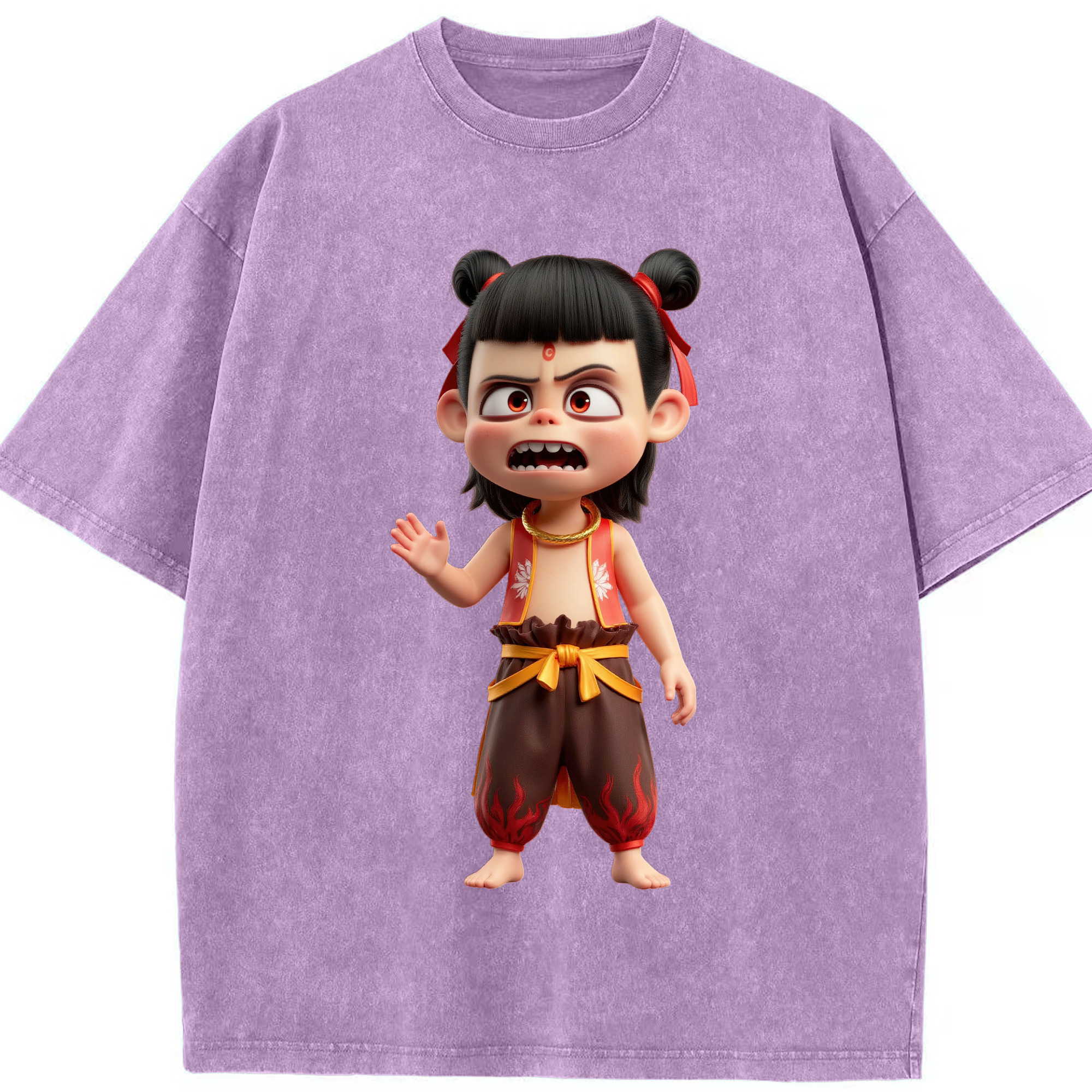 （画像用） Ne Zha 2 ナタ 魔童の大暴れ 綿100% ヴィンテージ風 半袖Tシャツ（フロントプリント）