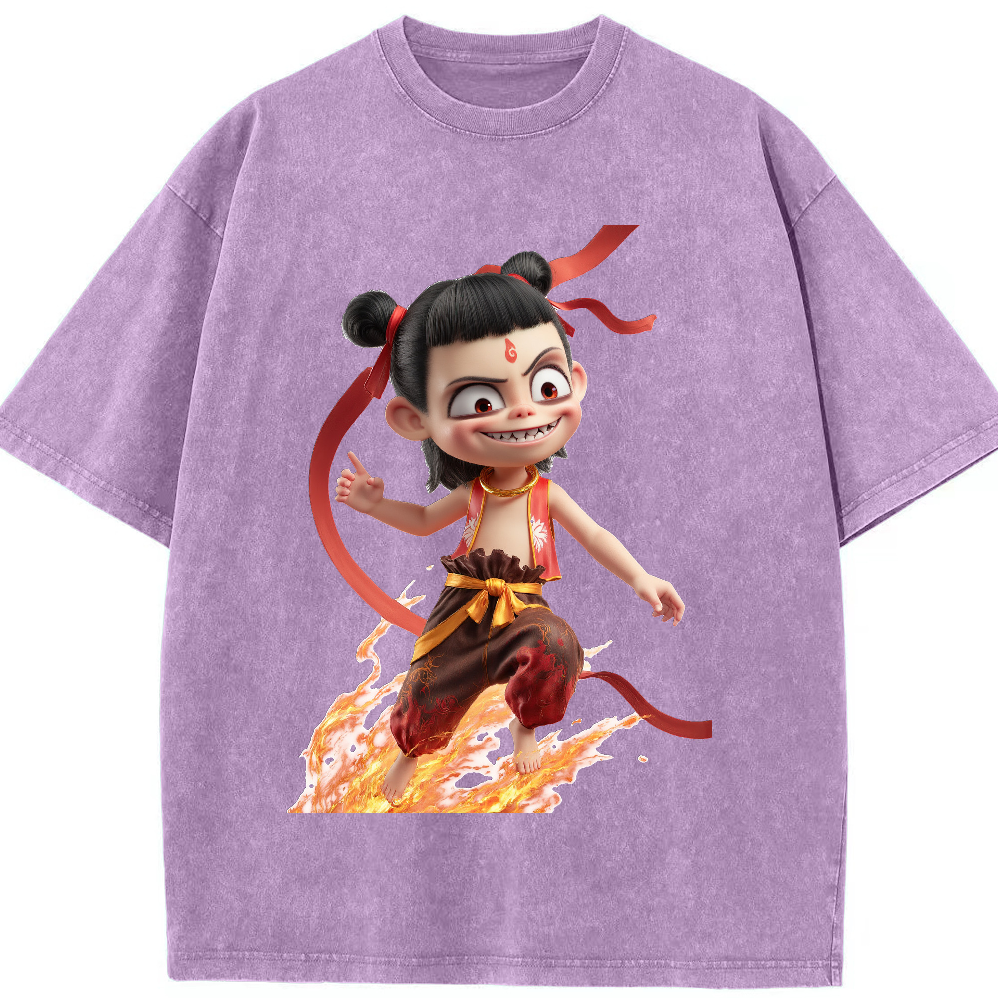 （画像用） Ne Zha 2 ナタ 魔童の大暴れ 綿100% ヴィンテージ風 半袖Tシャツ（フロントプリント）