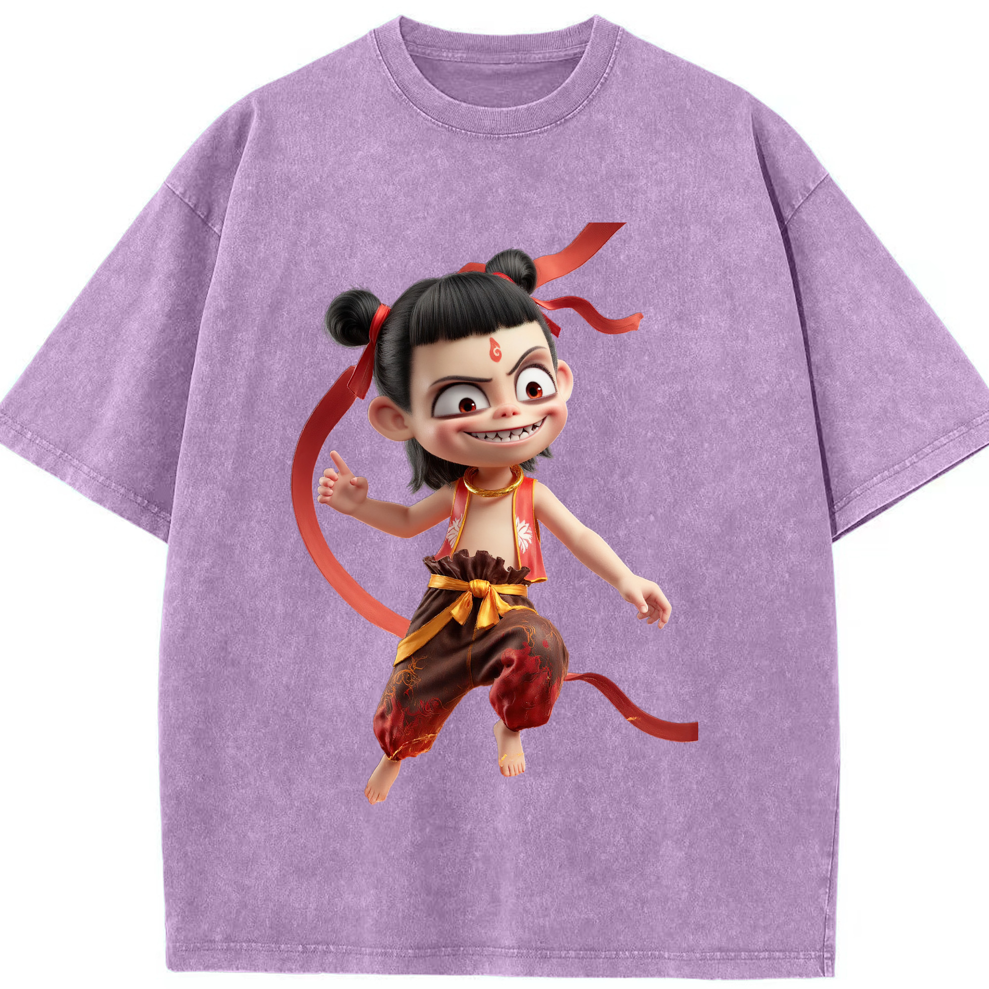 （画像用） Ne Zha 2 ナタ 魔童の大暴れ 綿100% ヴィンテージ風 半袖Tシャツ（フロントプリント）