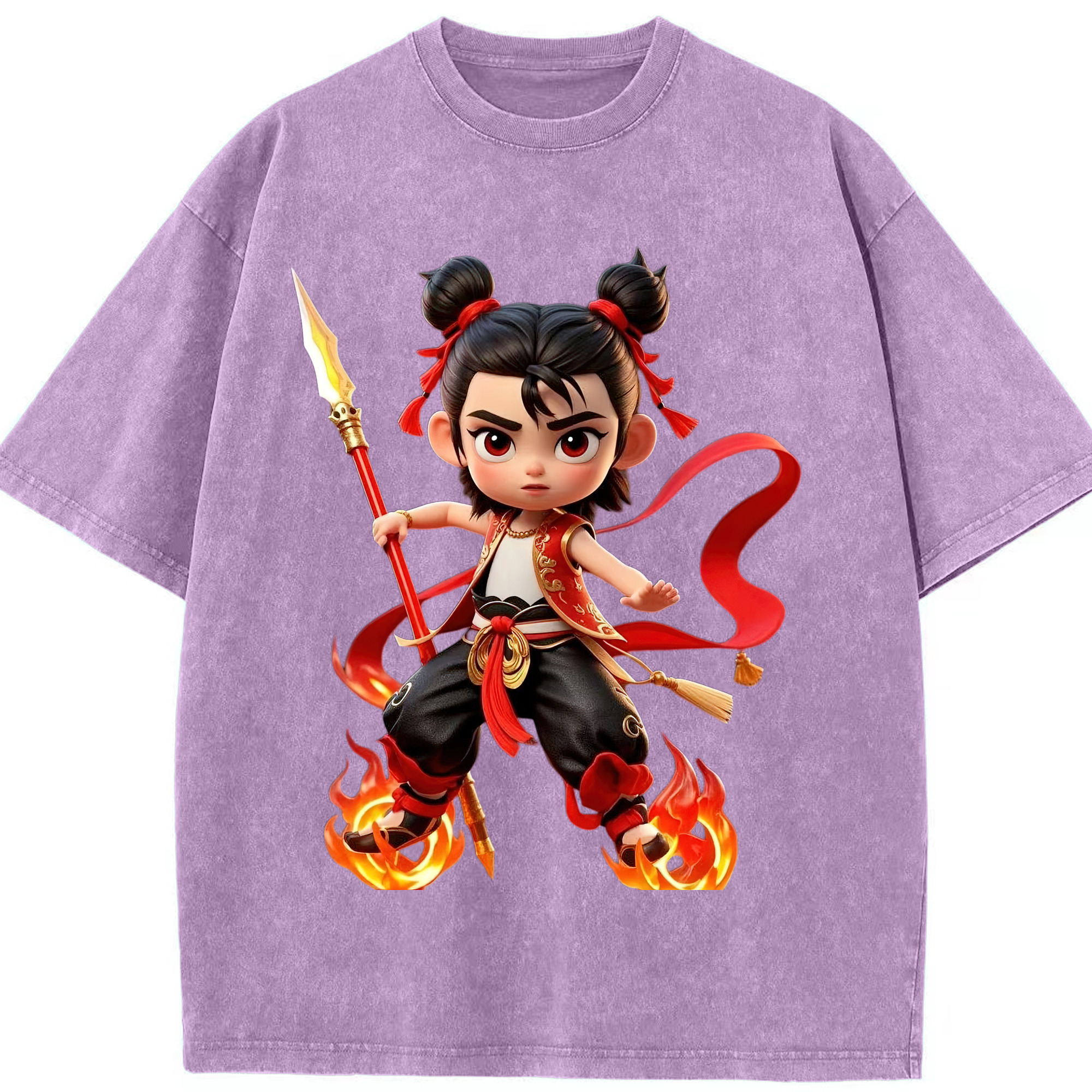 （画像用） Ne Zha 2 ナタ 魔童の大暴れ 綿100% ヴィンテージ風 半袖Tシャツ（フロントプリント）