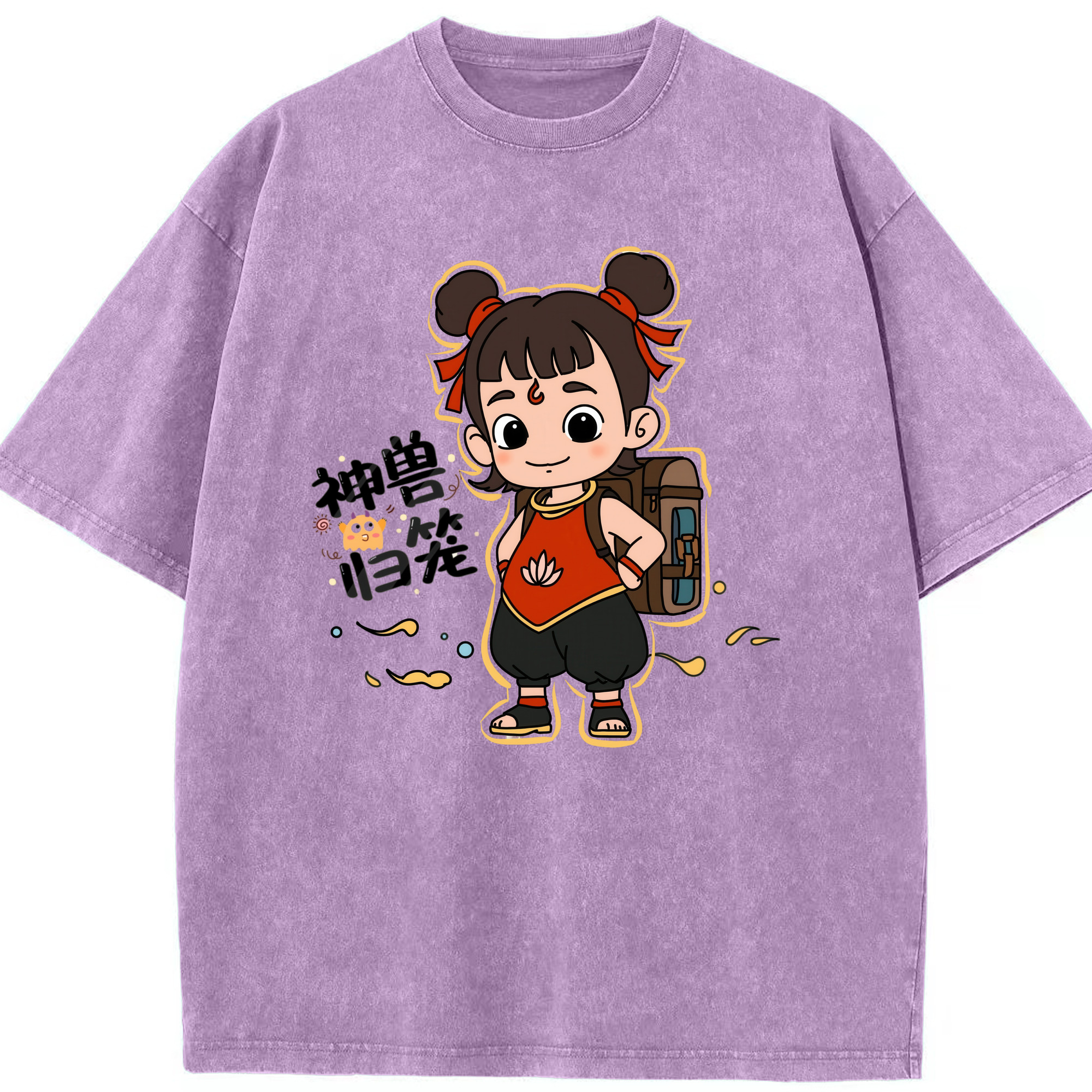 （画像用） Ne Zha 2 ナタ 魔童の大暴れ 綿100% ヴィンテージ風 半袖Tシャツ（フロントプリント）