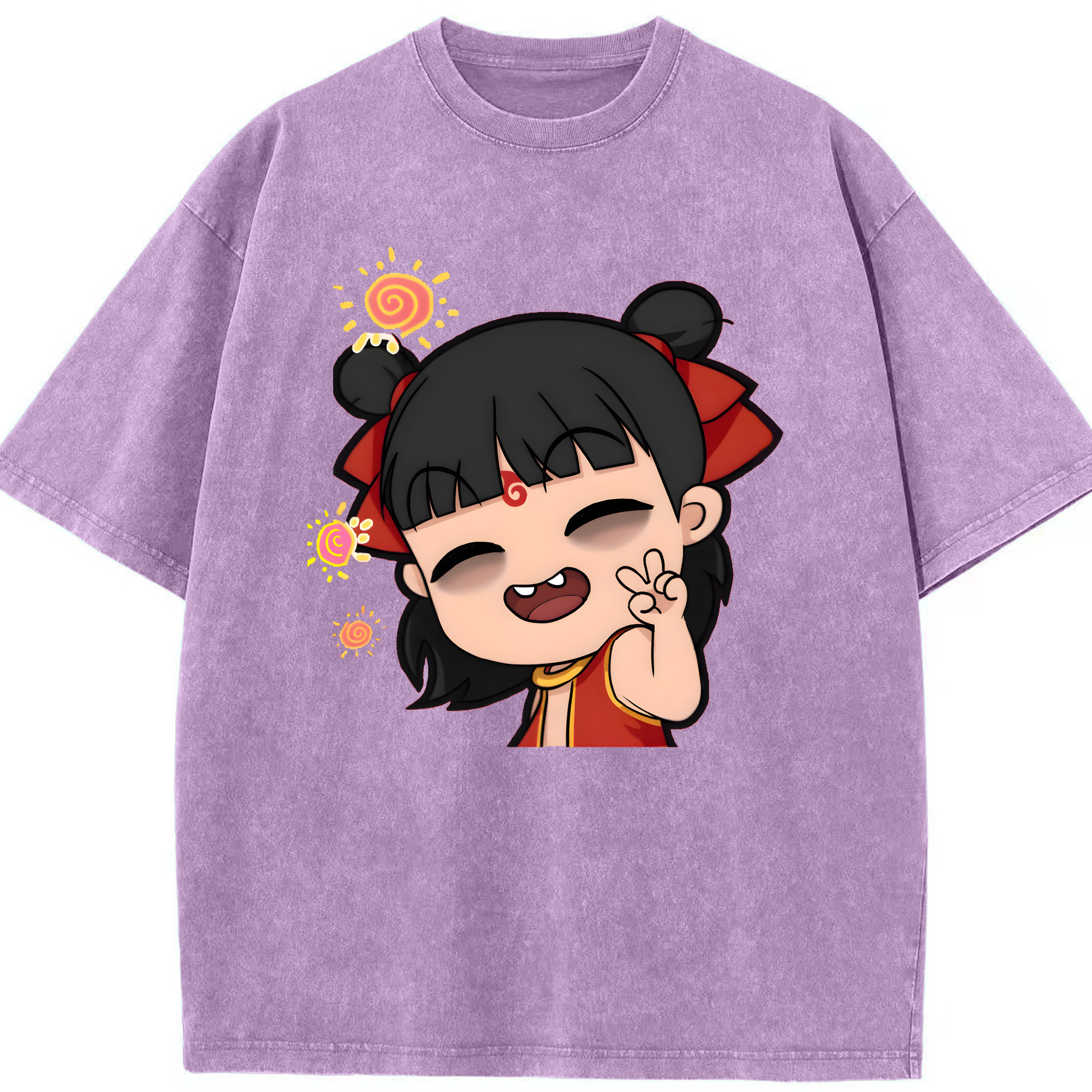 （画像用） Ne Zha 2 ナタ 魔童の大暴れ 綿100% ヴィンテージ風 半袖Tシャツ（フロントプリント）
