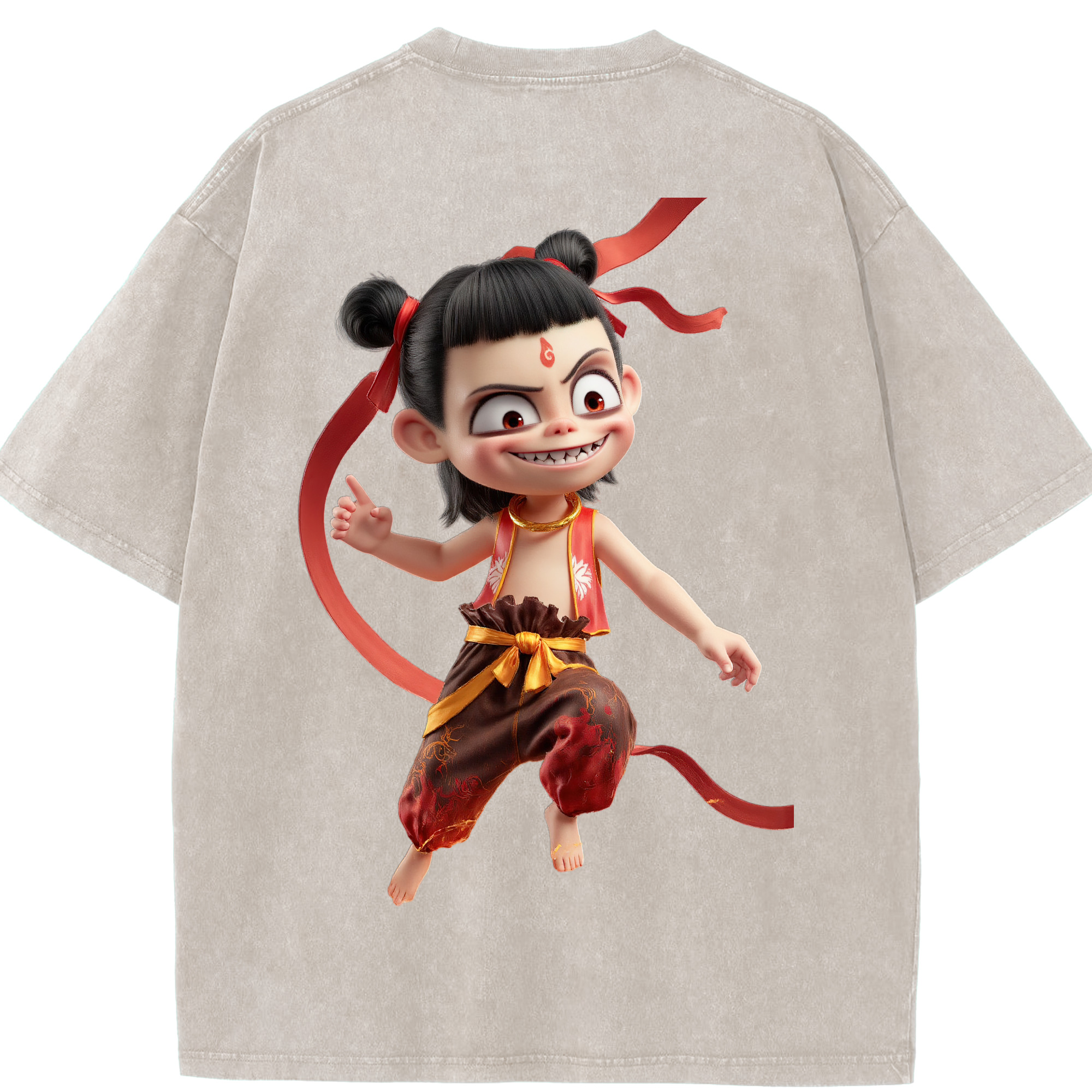 （画像用） Ne Zha 2 ナタ 魔童の大暴れ 綿100% ヴィンテージ風 半袖Tシャツ（背面プリント）