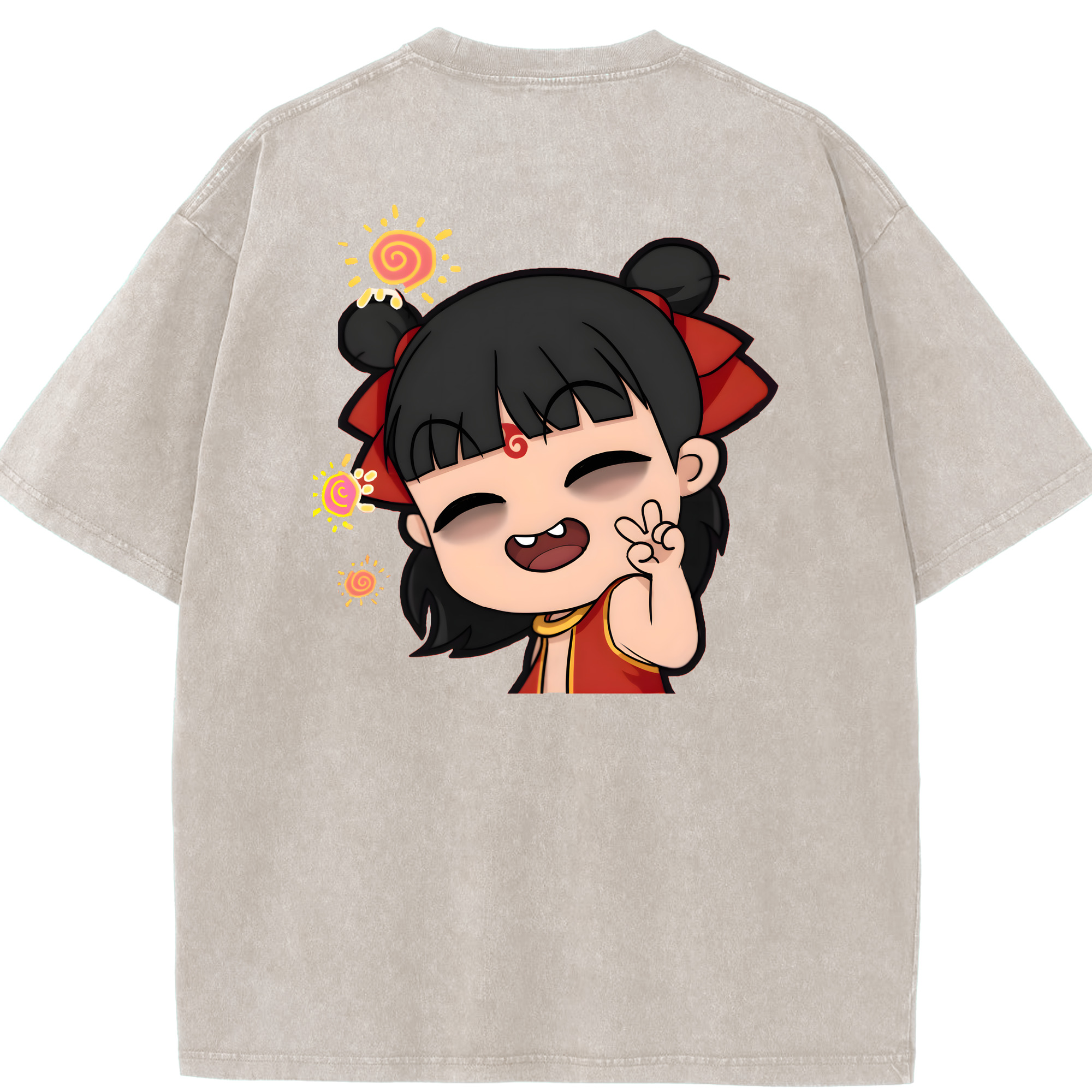 （画像用） Ne Zha 2 ナタ 魔童の大暴れ 綿100% ヴィンテージ風 半袖Tシャツ（背面プリント）