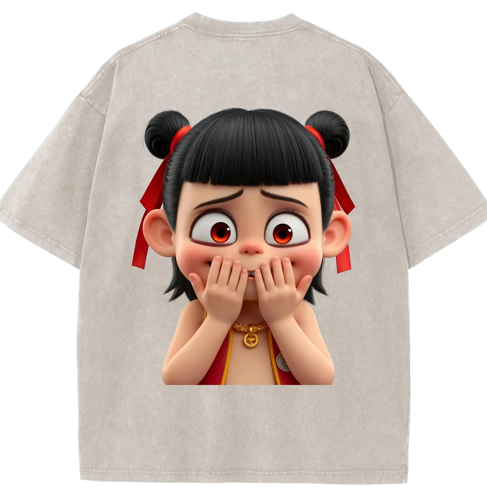 （画像用） Ne Zha 2 ナタ 魔童の大暴れ 綿100% ヴィンテージ風 半袖Tシャツ（背面プリント）