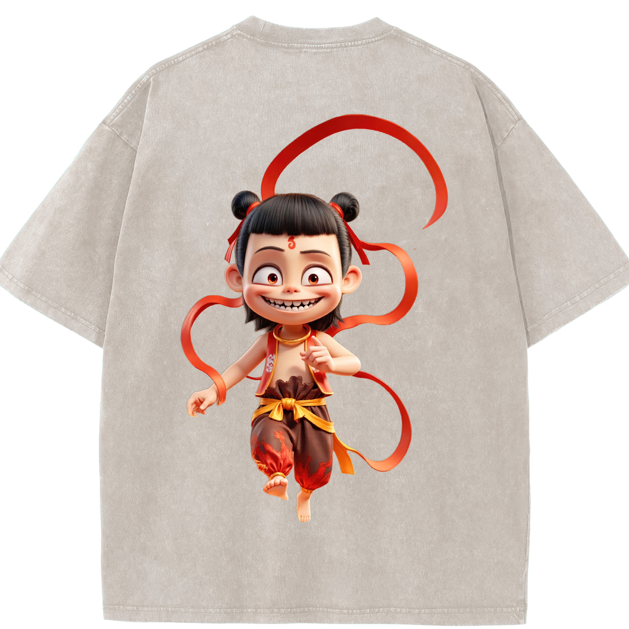 （画像用） Ne Zha 2 ナタ 魔童の大暴れ 綿100% ヴィンテージ風 半袖Tシャツ（背面プリント）