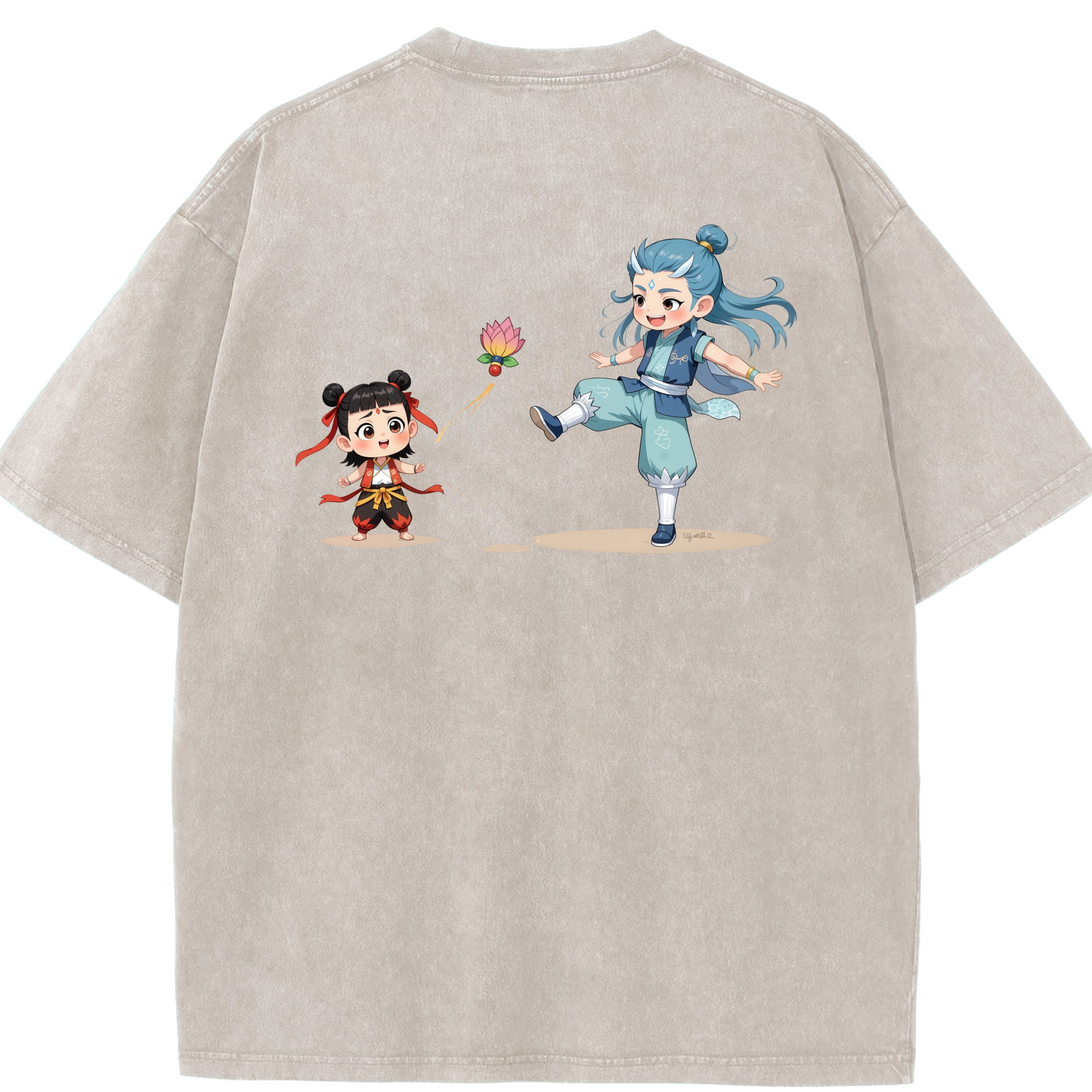 （画像用） Ne Zha 2 ナタ 魔童の大暴れ 綿100% ヴィンテージ風 半袖Tシャツ（背面プリント）